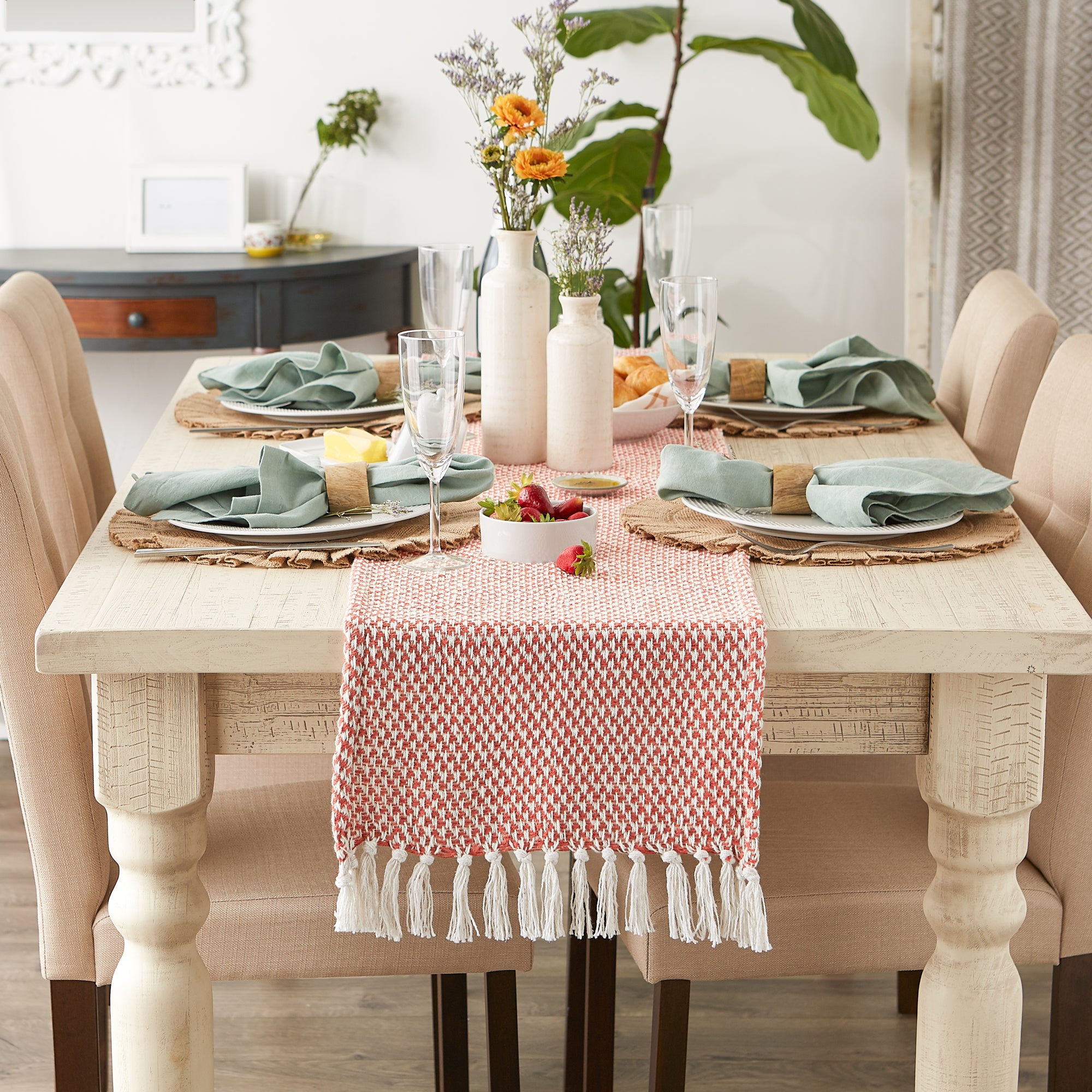DII Woven Jacquard Fringe Cotton Table Runner