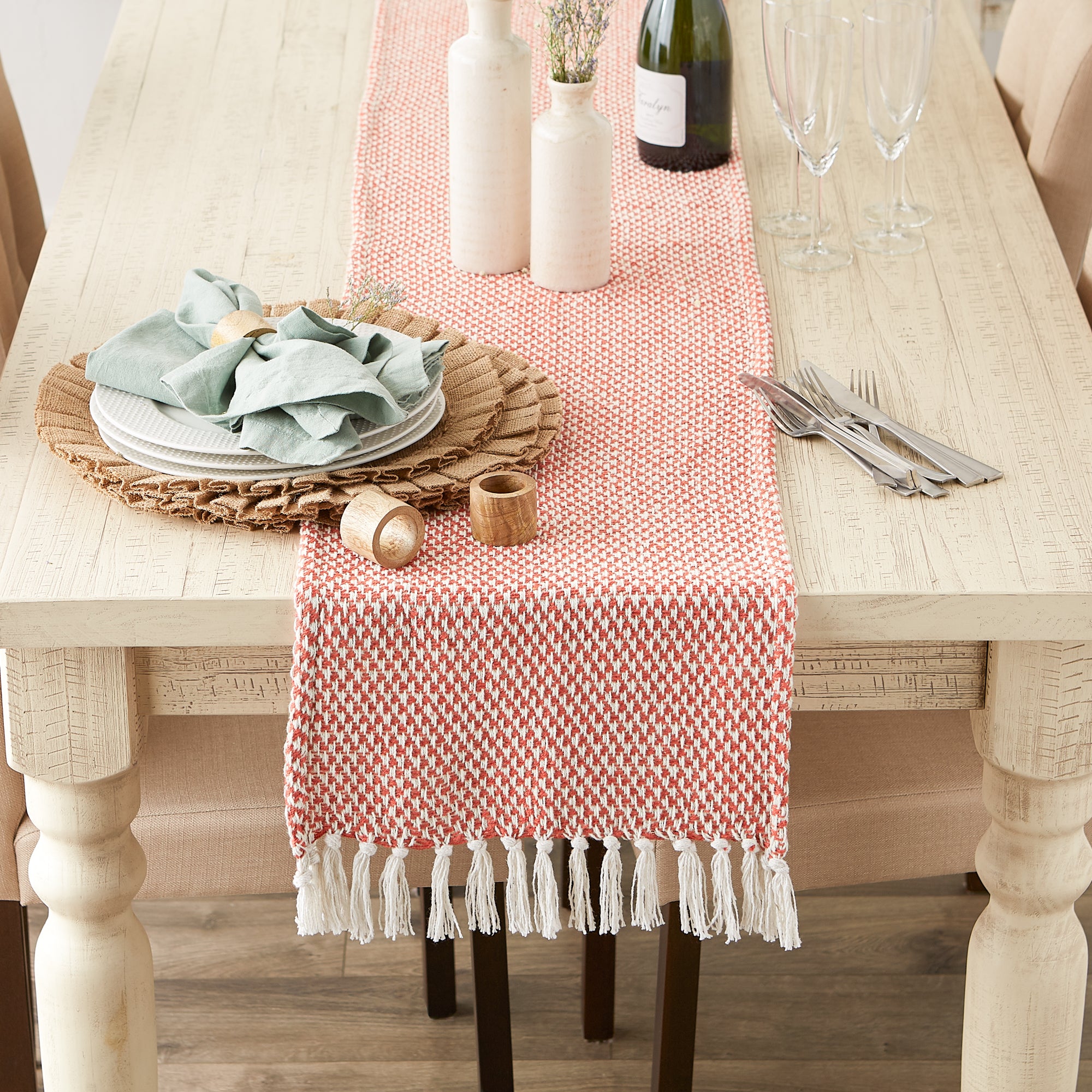 DII Woven Jacquard Fringe Cotton Table Runner