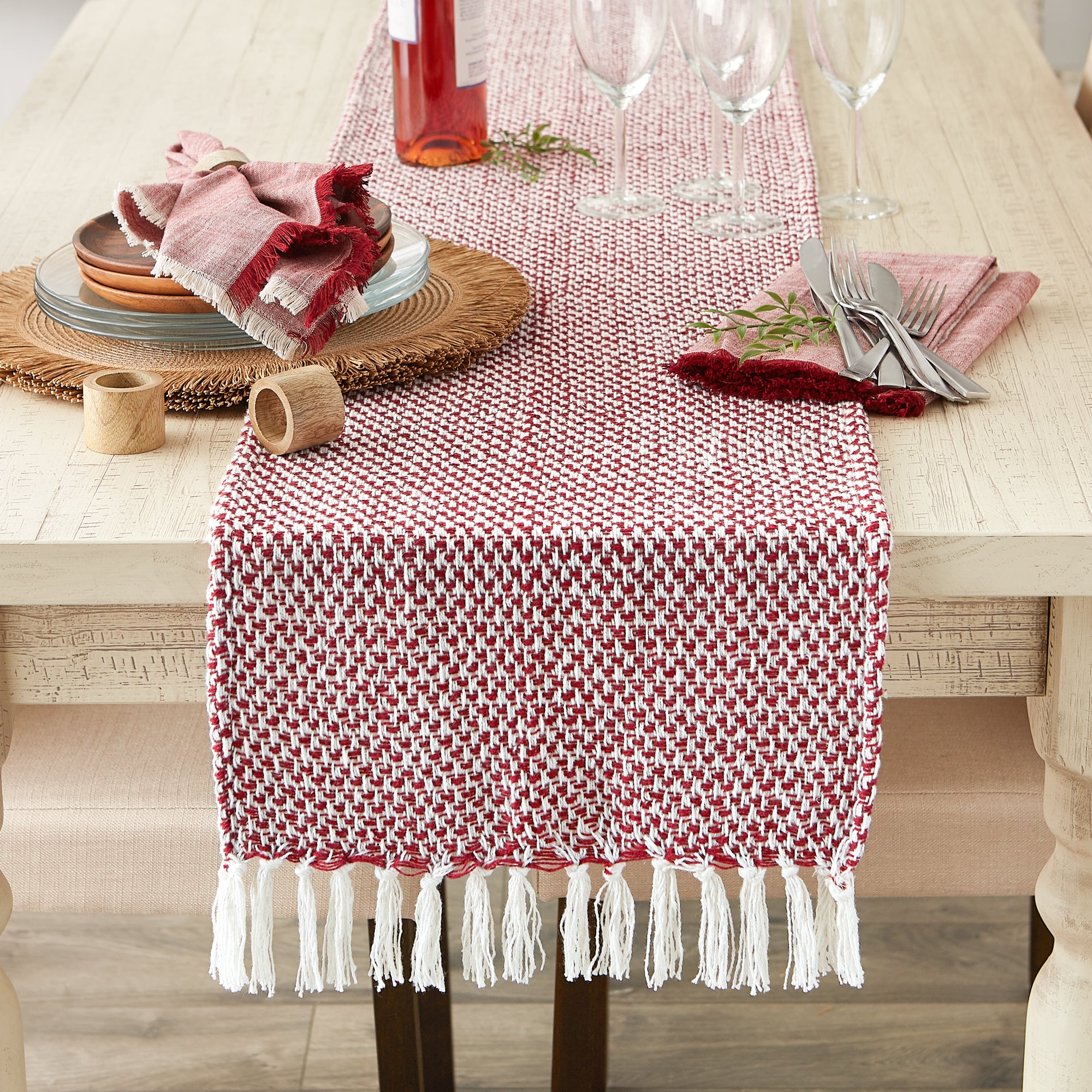 DII Woven Jacquard Fringe Cotton Table Runner