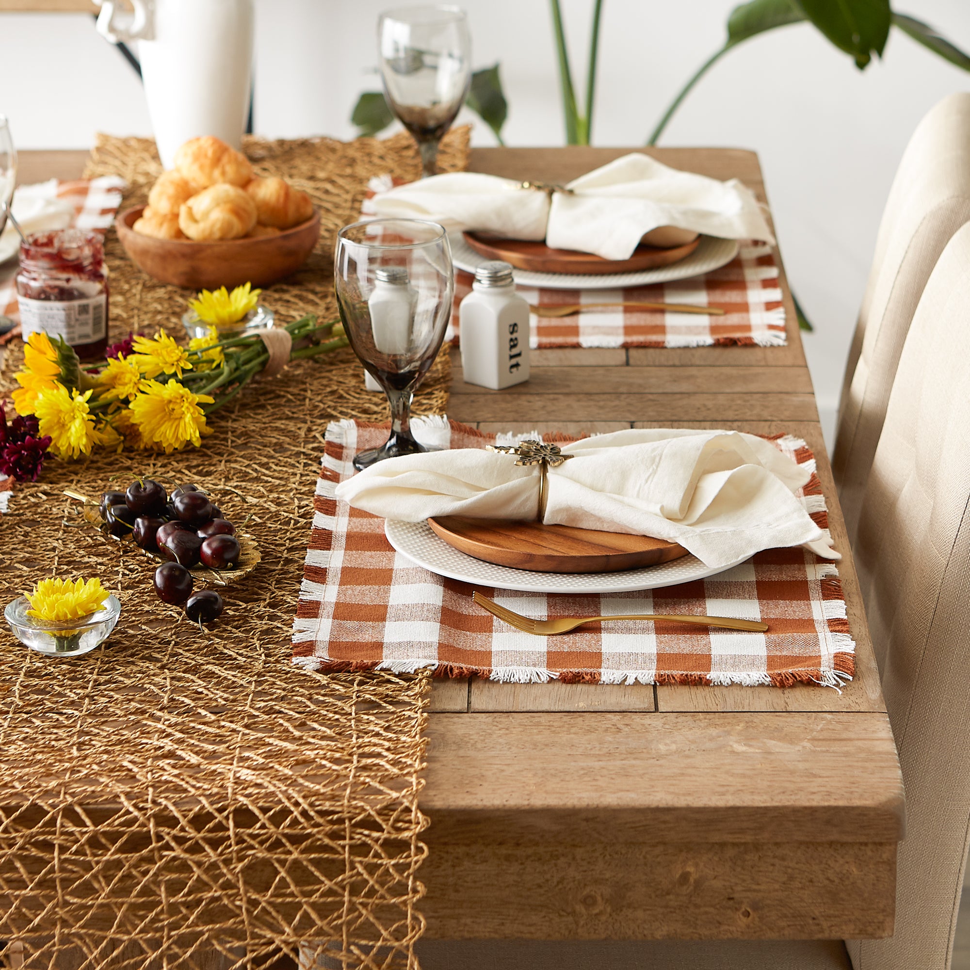 DII Heavyweight Check Fringed Cotton Placemat 6-Piece Set
