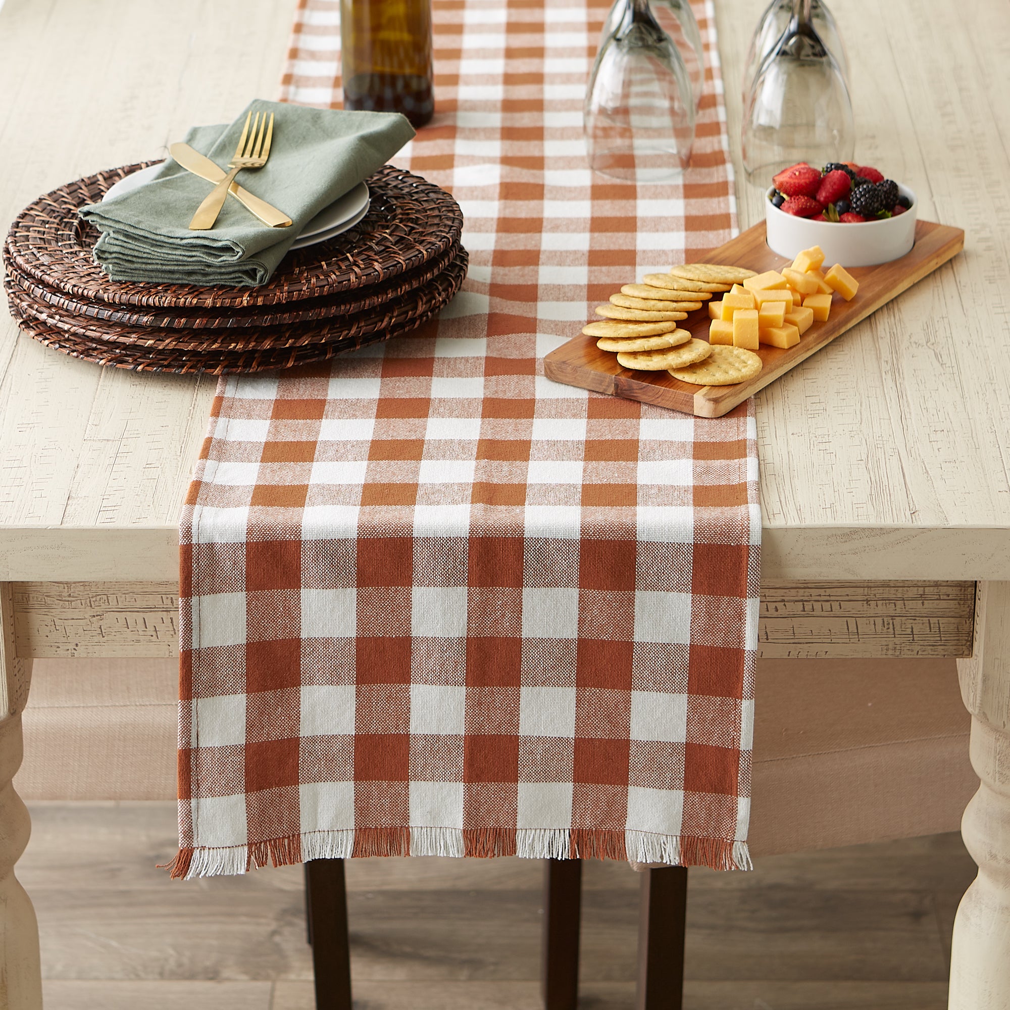 DII Heavyweight Check Fringed Cotton Table Runner