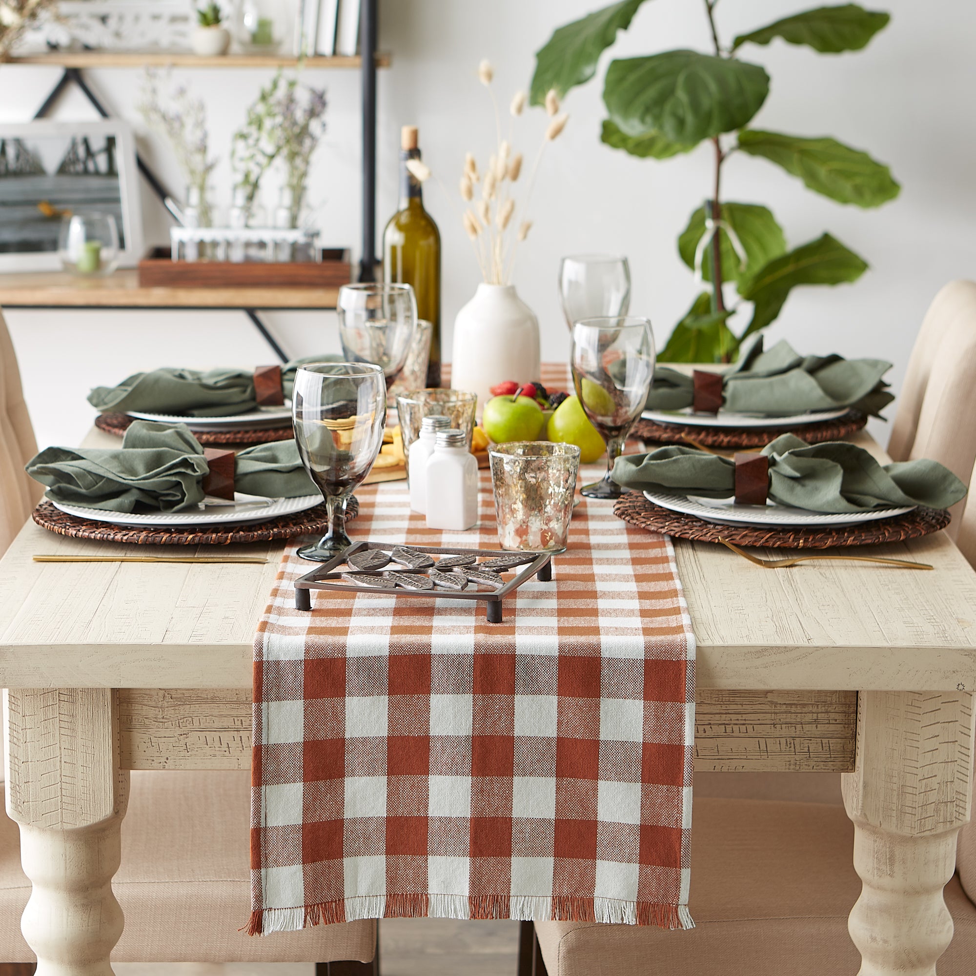 DII Heavyweight Check Fringed Cotton Table Runner