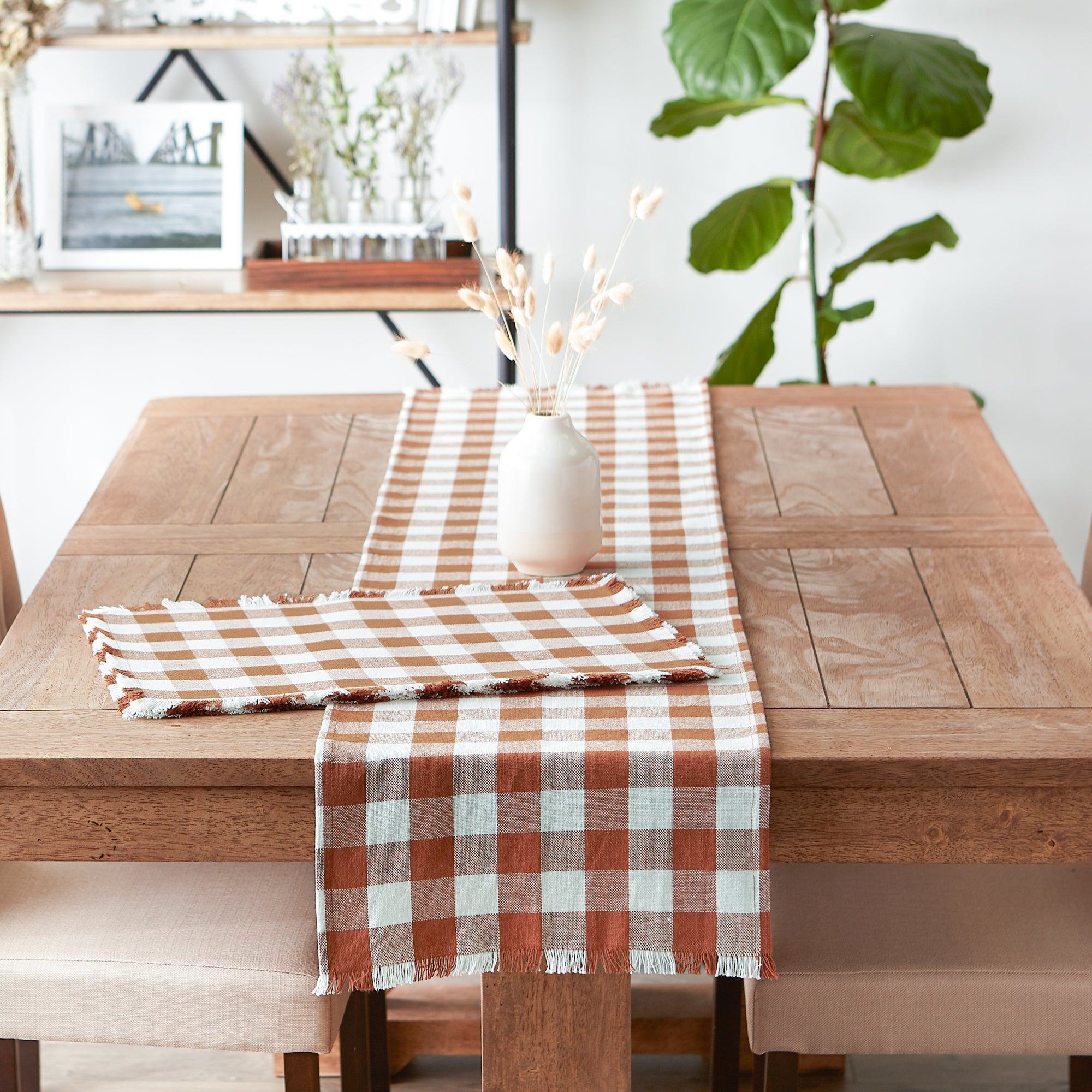 DII Heavyweight Check Fringed Cotton Table Runner