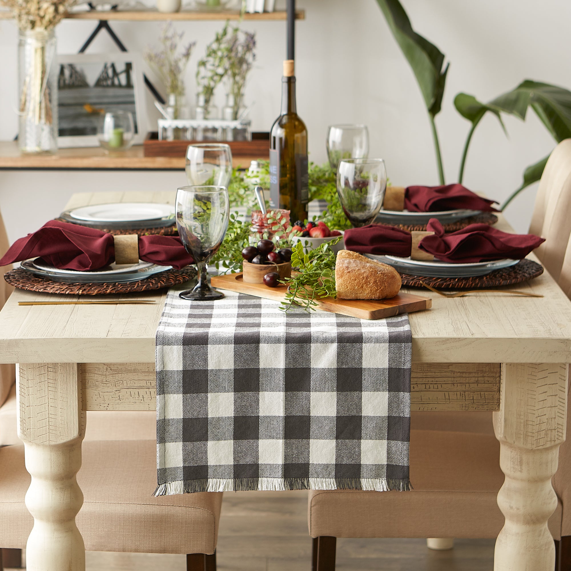 DII Heavyweight Check Fringed Cotton Table Runner