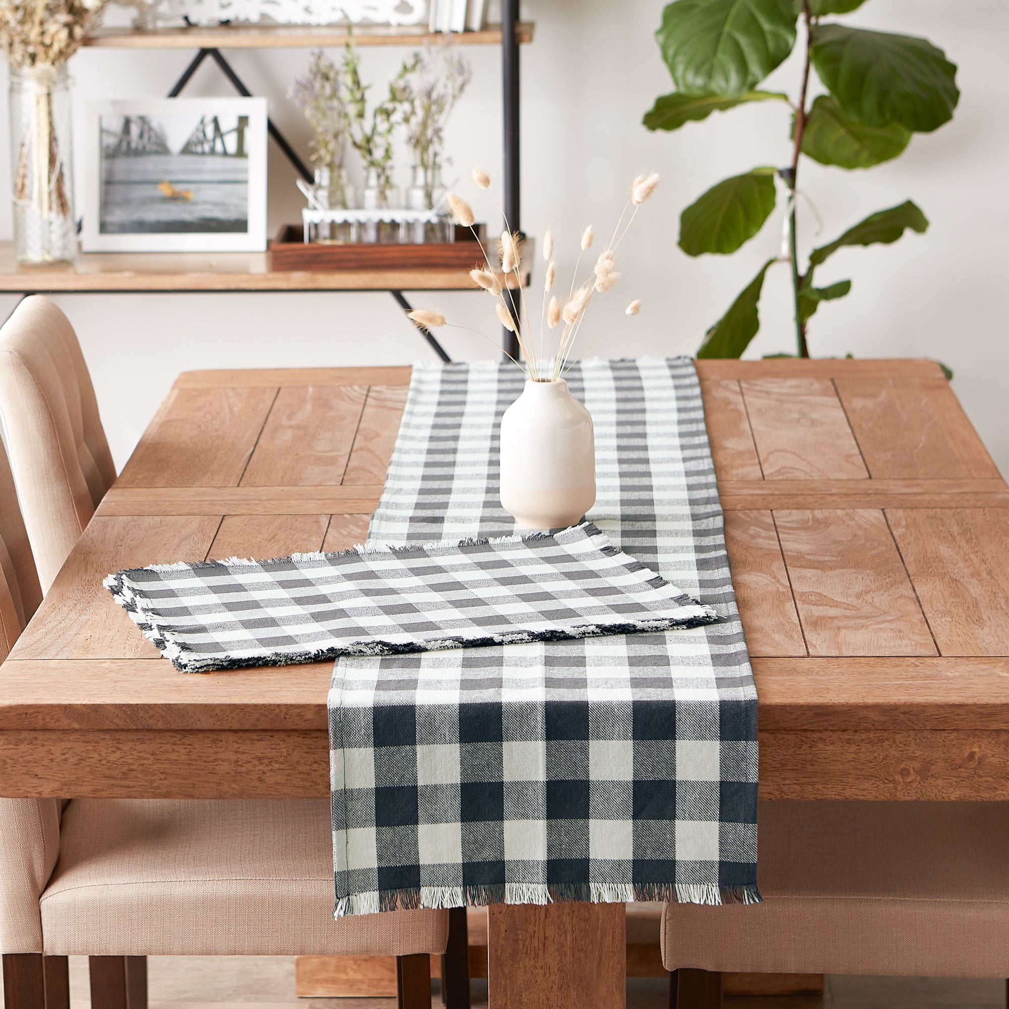 DII Heavyweight Check Fringed Cotton Table Runner