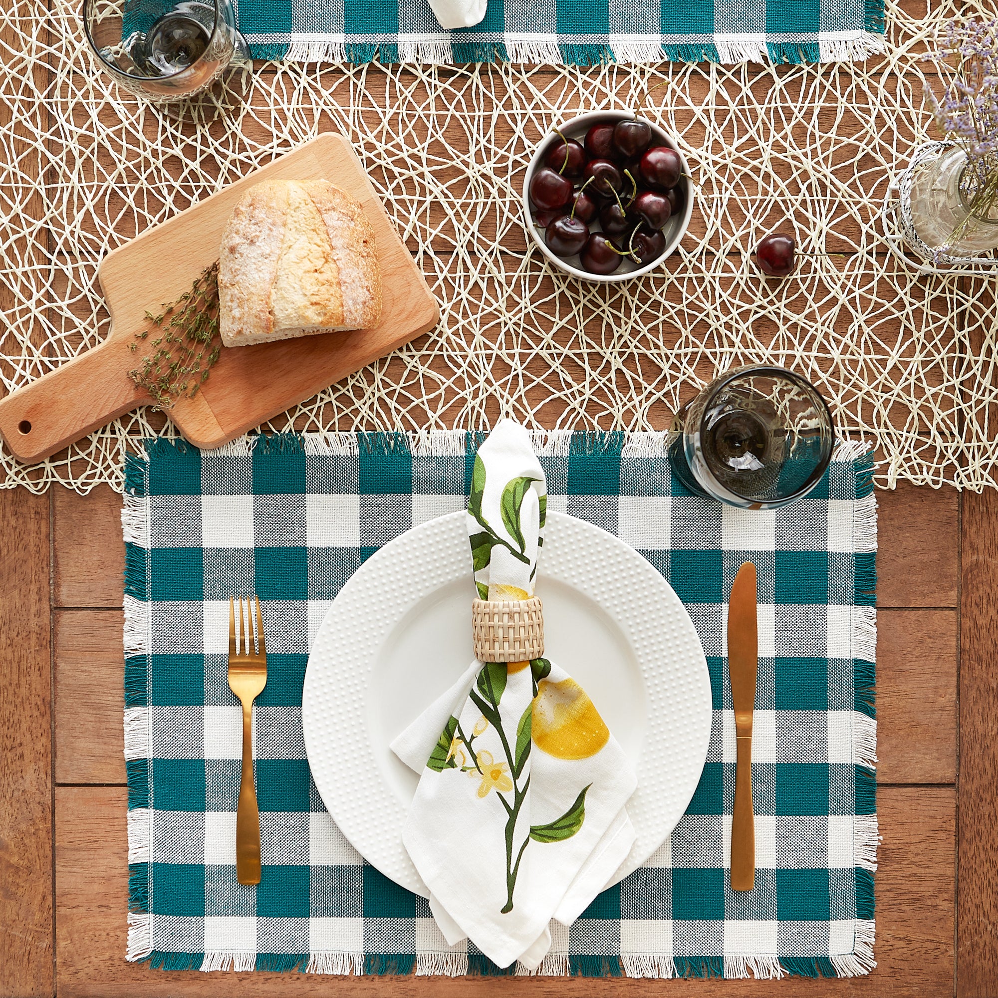DII Heavyweight Check Fringed Cotton Placemat 6-Piece Set