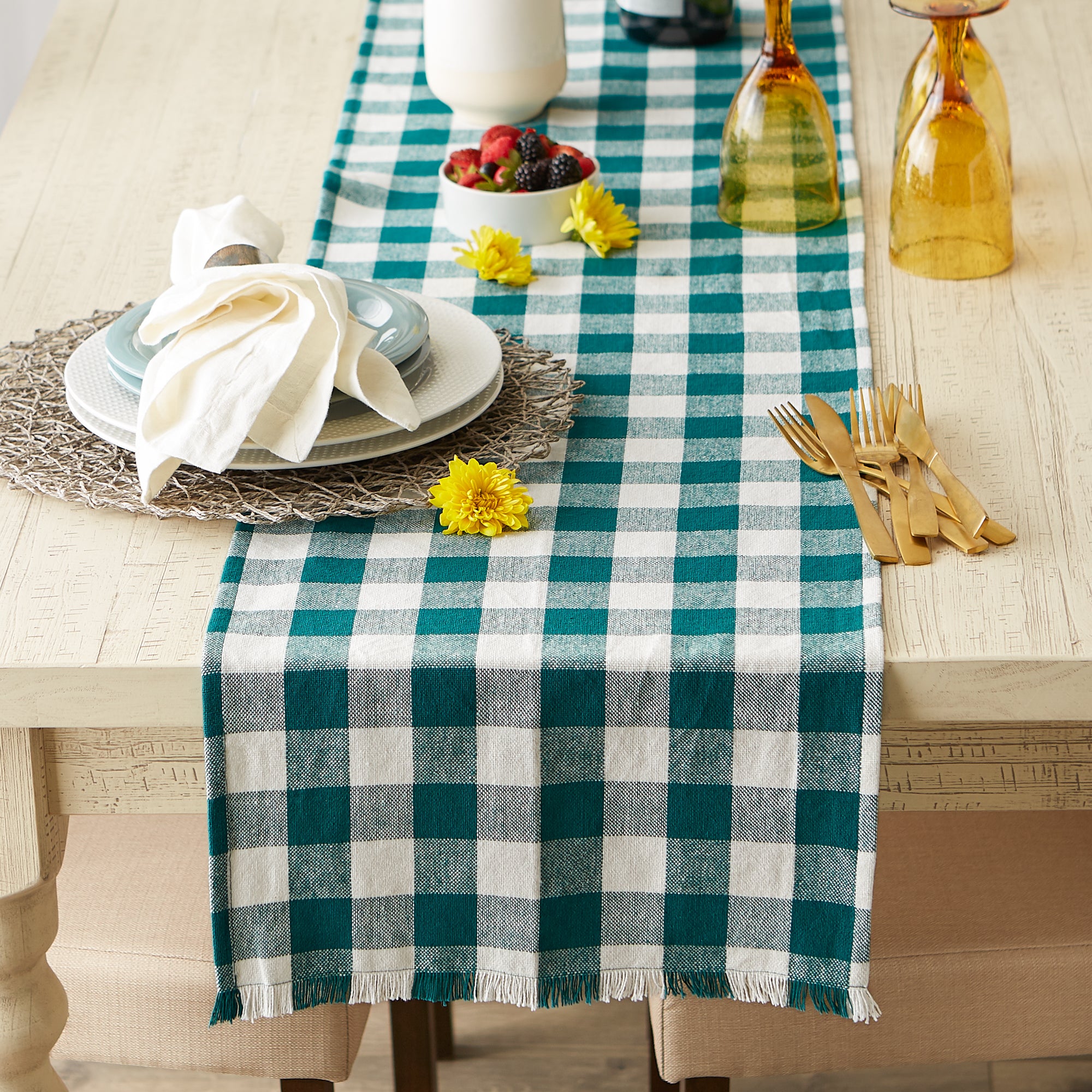 DII Heavyweight Check Fringed Cotton Table Runner