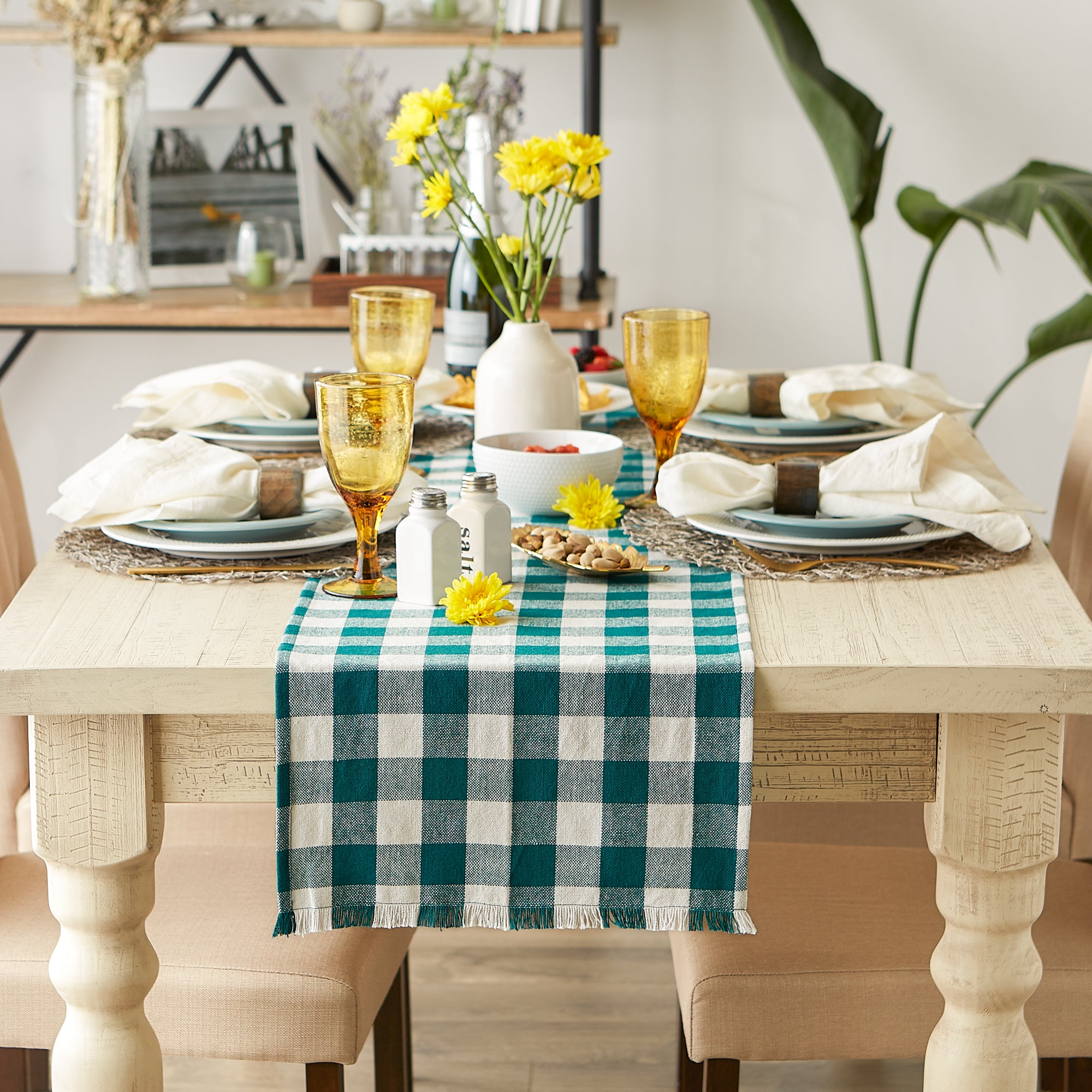 DII Heavyweight Check Fringed Cotton Table Runner