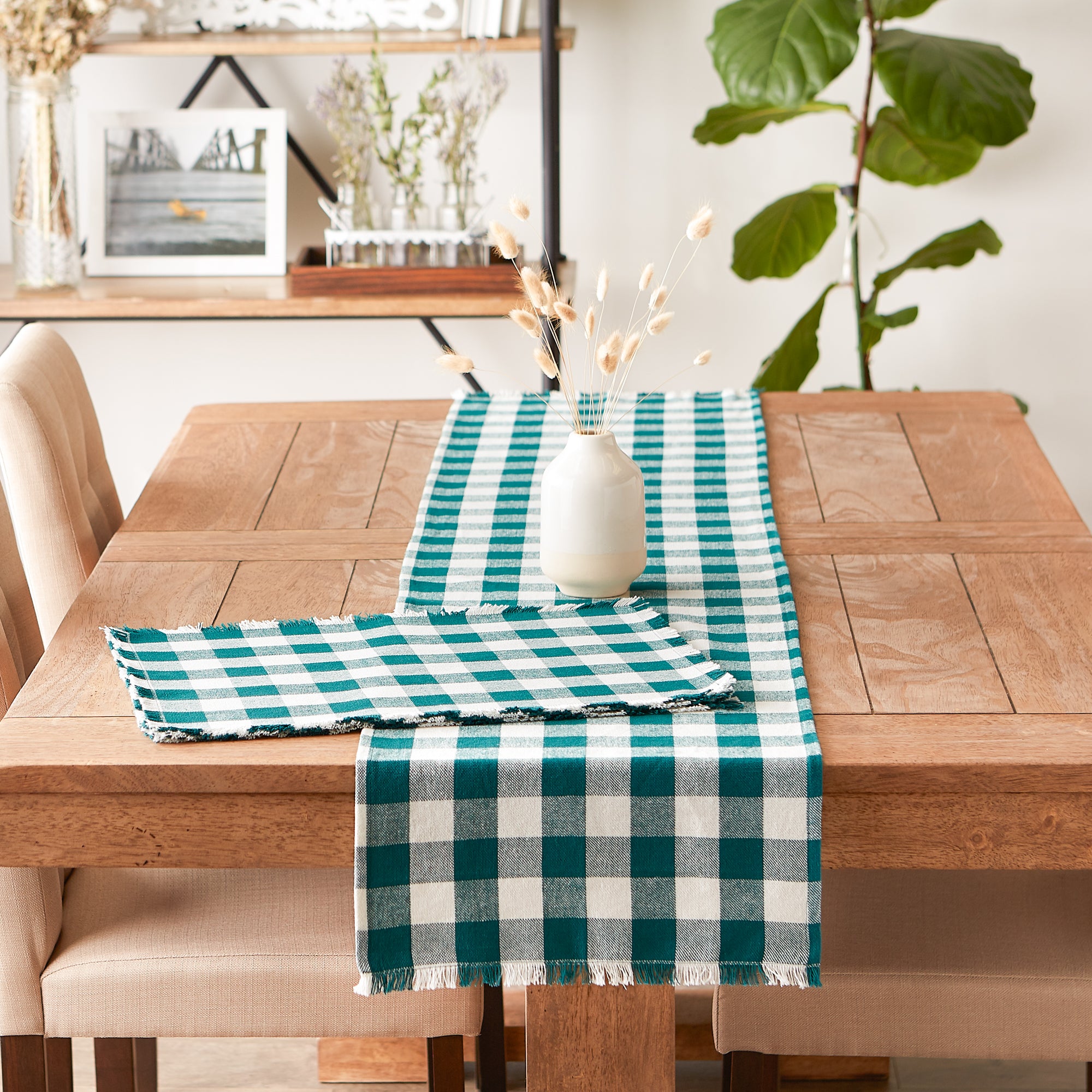 DII Heavyweight Check Fringed Cotton Table Runner