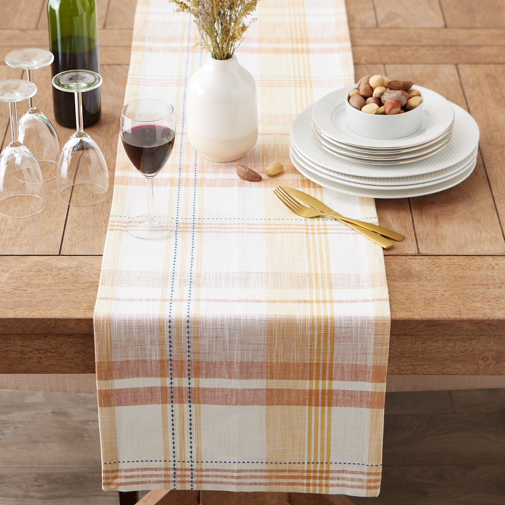 DII Veranda Plaid Slub Cotton Table Runner with Fringe