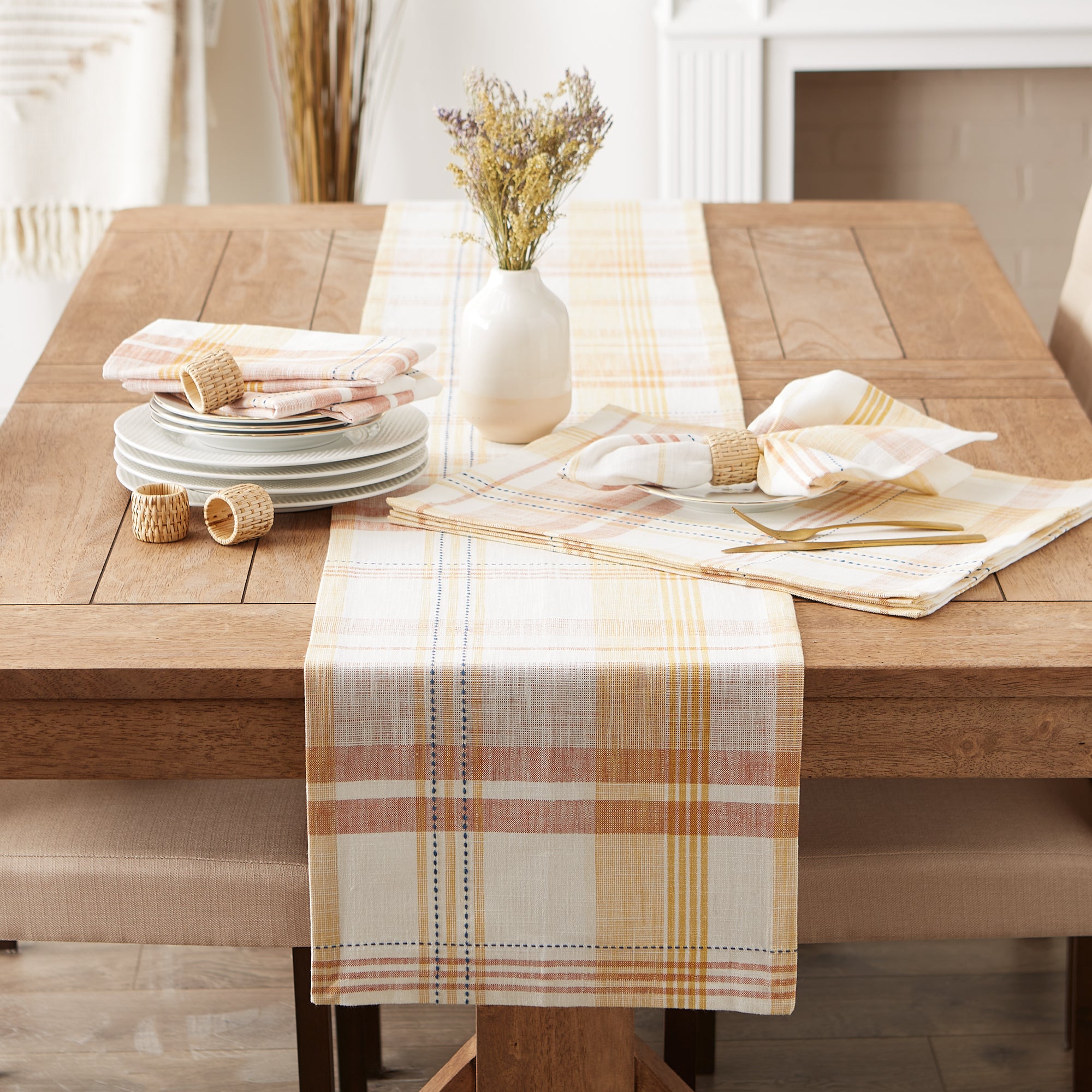 DII Veranda Plaid Slub Cotton Table Runner with Fringe