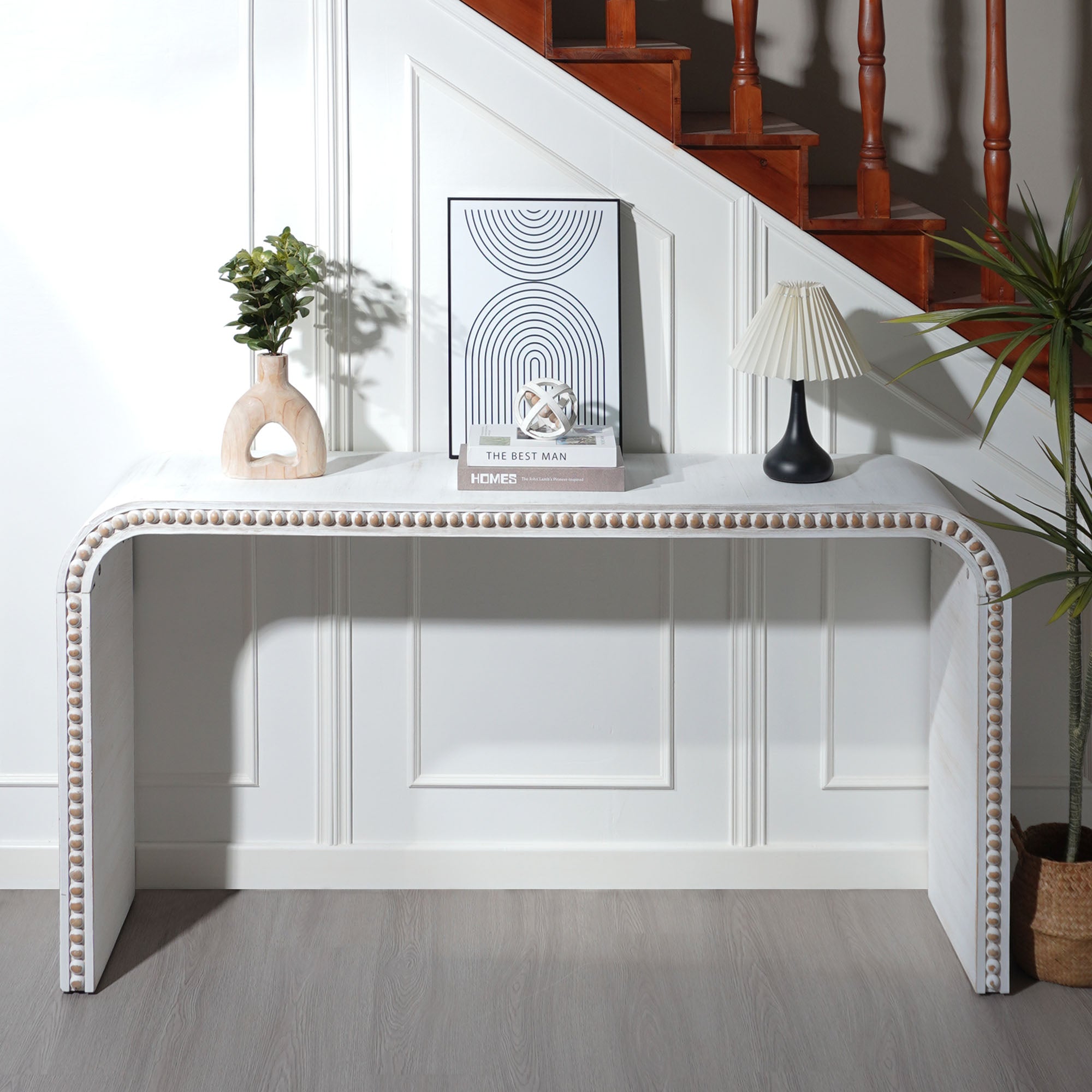 Curved Waterfall-Style Wood Beaded Console Table