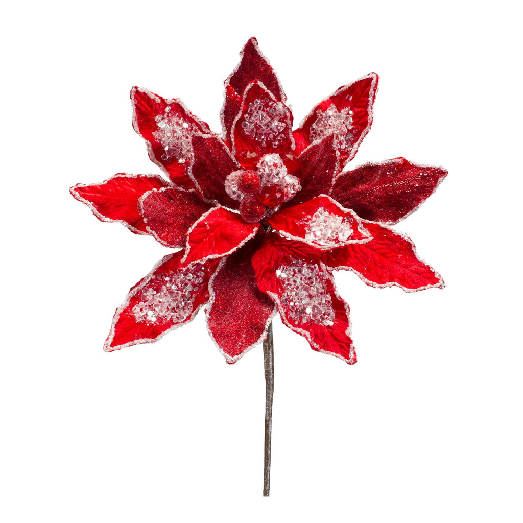 Red Velvet Poinsettia Stem with Gold Bead Accents (Set of 6)