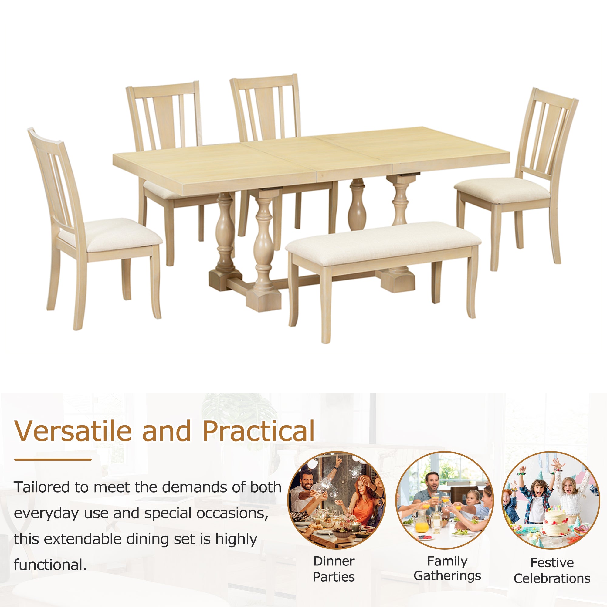 6-Piece Dining Set with Removable Leaf Table and Padded Dining Bench and 4 Chairs