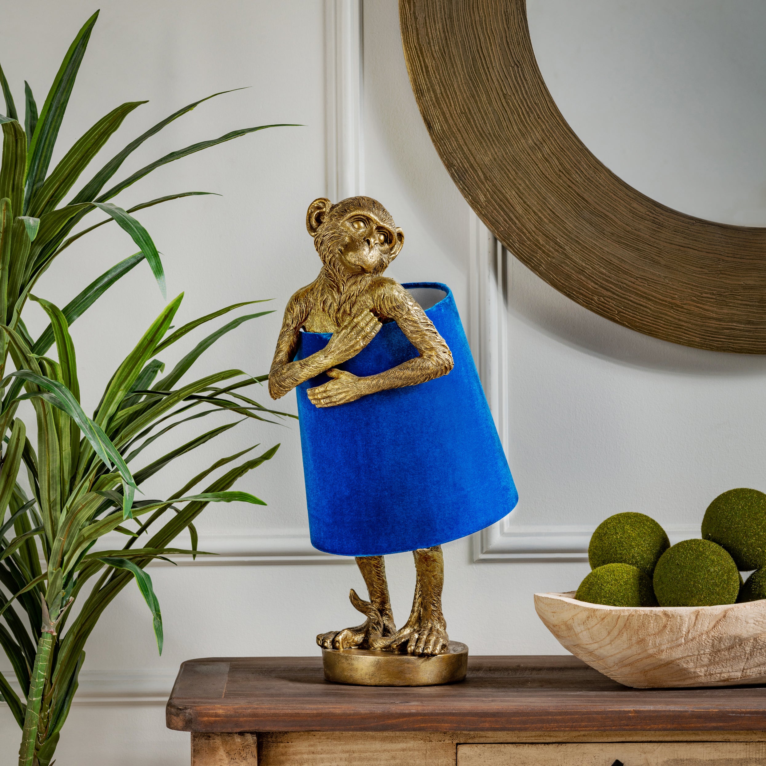 Gold Monkey Table Lamp With Blue Velvet Shade