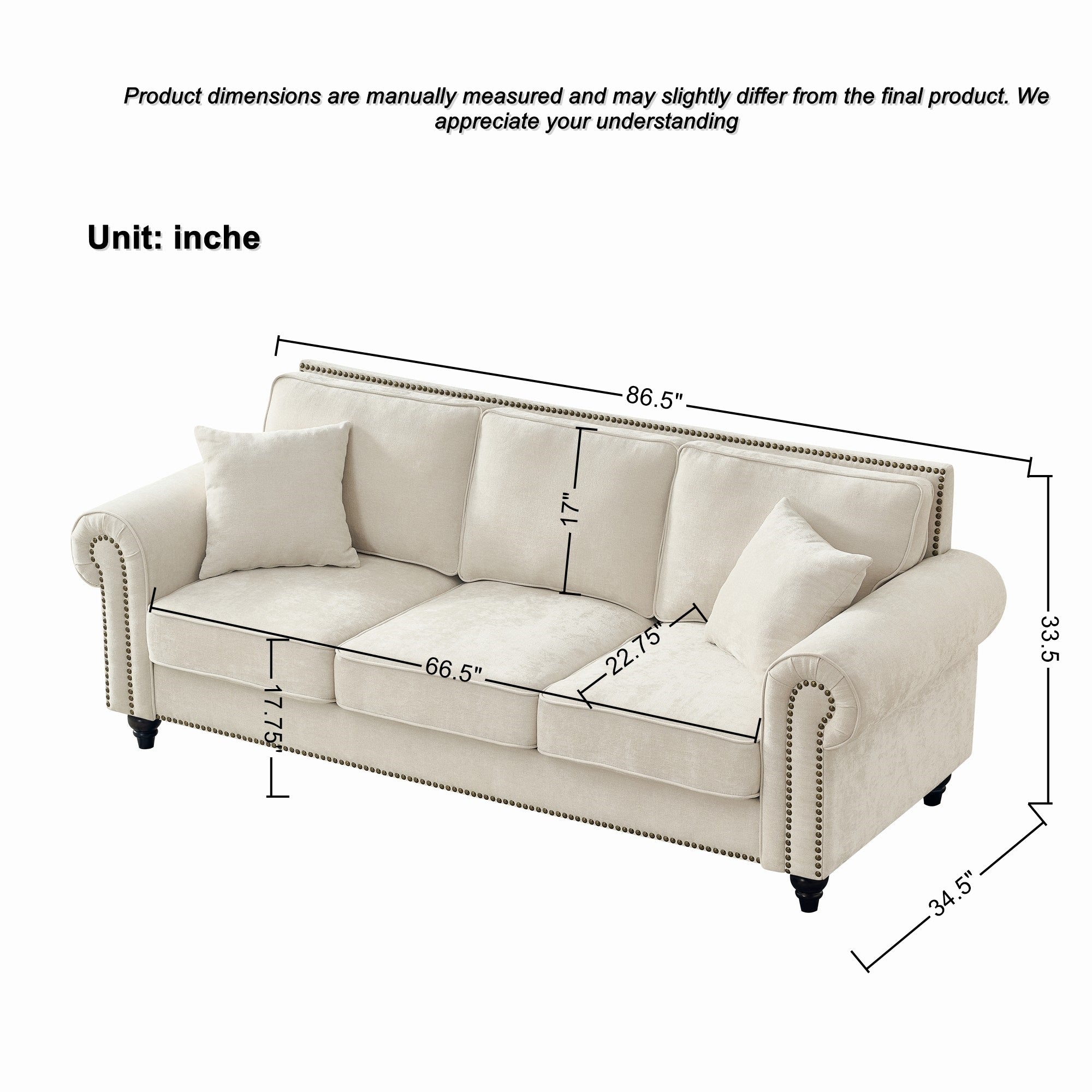 Modern 86" 3-Seater Sofa with Tufted Upholstery, Rolled Arms, and Nailhead Trim