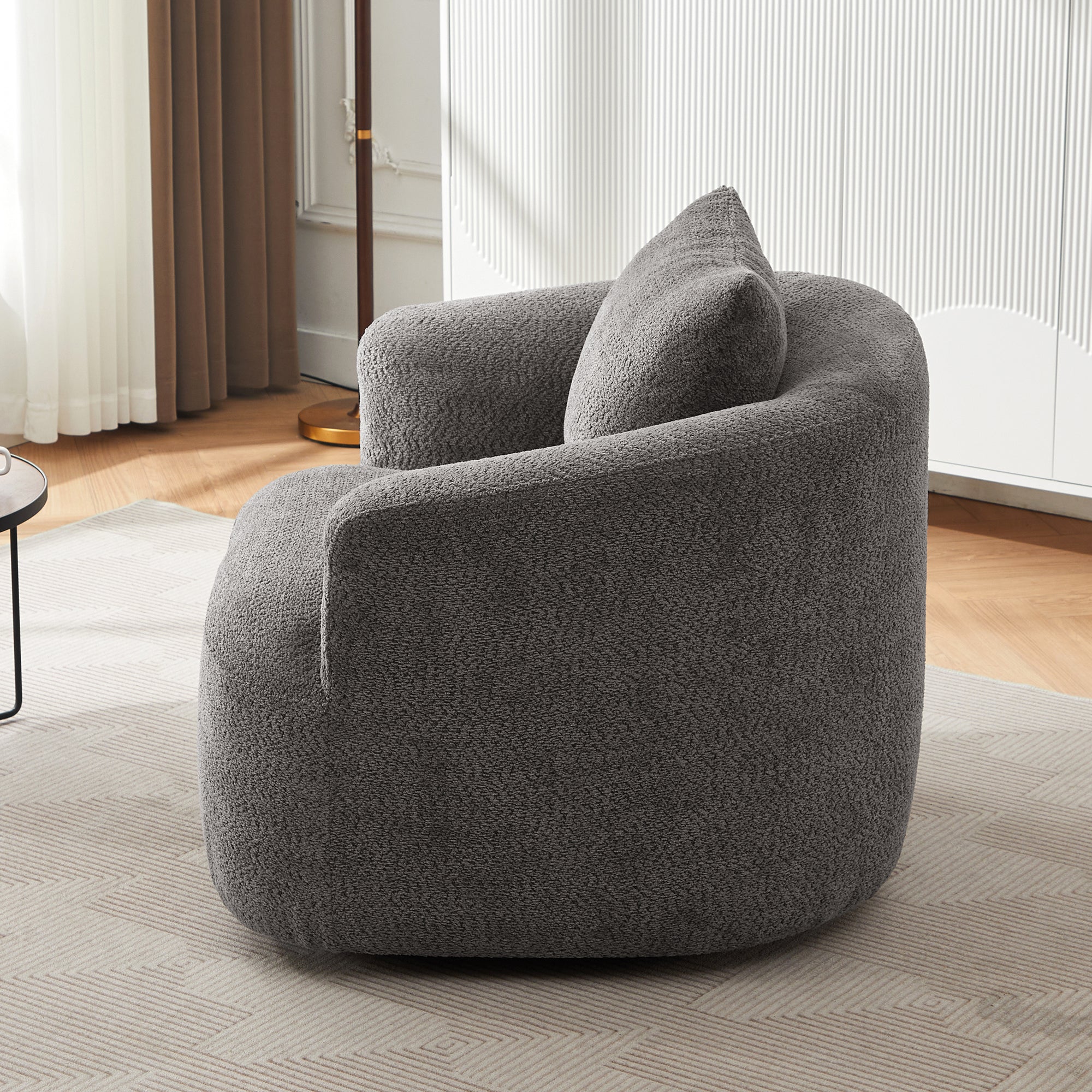 360° Swivel Barrel Chenille Upholstered Accent Chair with Throw Pillow