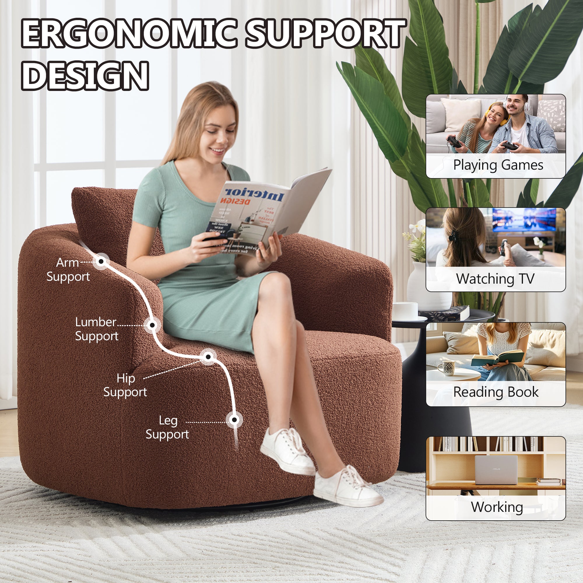 Teddy Fleece 360° Swivel Round Upholstered Comfy Accent Chair With Pillow
