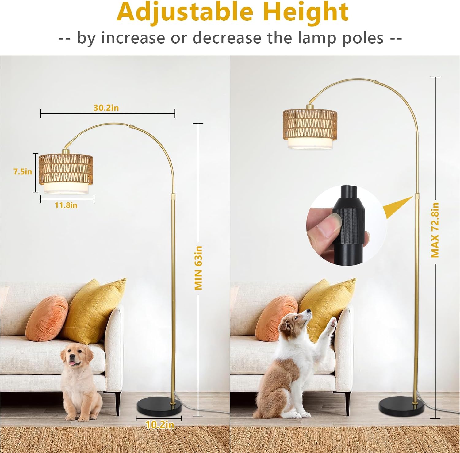 Adjustable Height Arched Floor Lamp with Double Drum Shade and 3 Color Temperatures