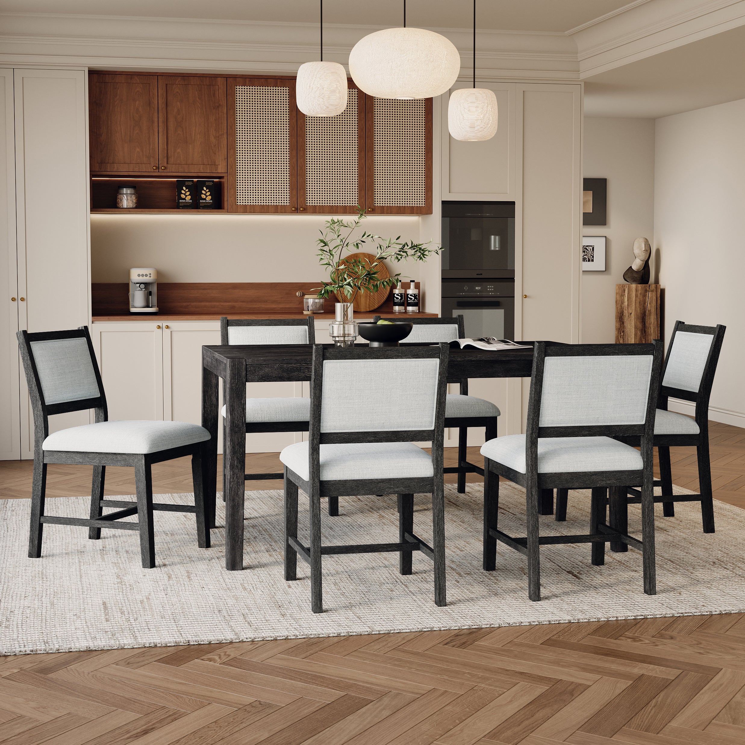 7-Piece Retro Dining Table Set with 6 Upholstered Chairs