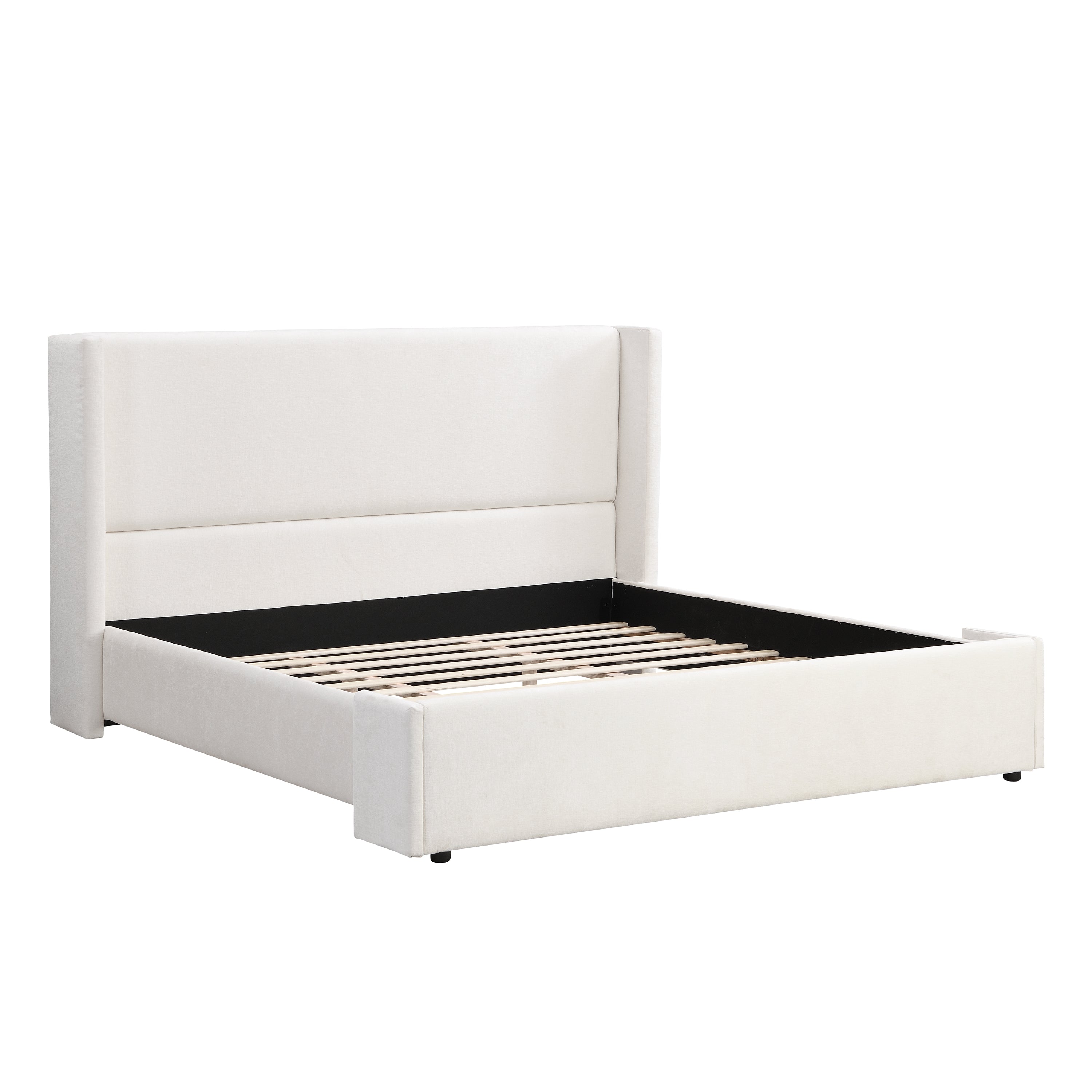 Elegant White Fabric Upholstered Bed with Tall Headboard