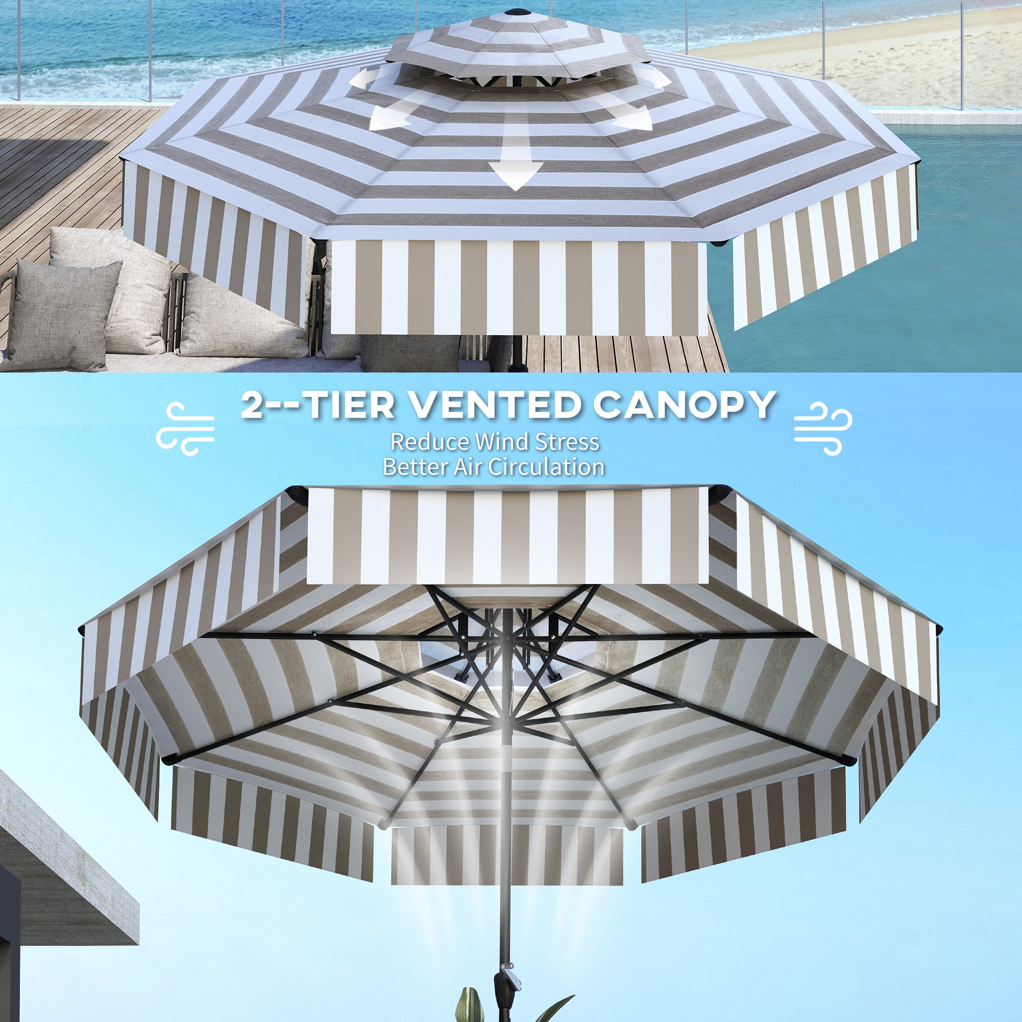 Bistro Stripe 2-Tier Vented Tiltable Patio Umbrella with Crank