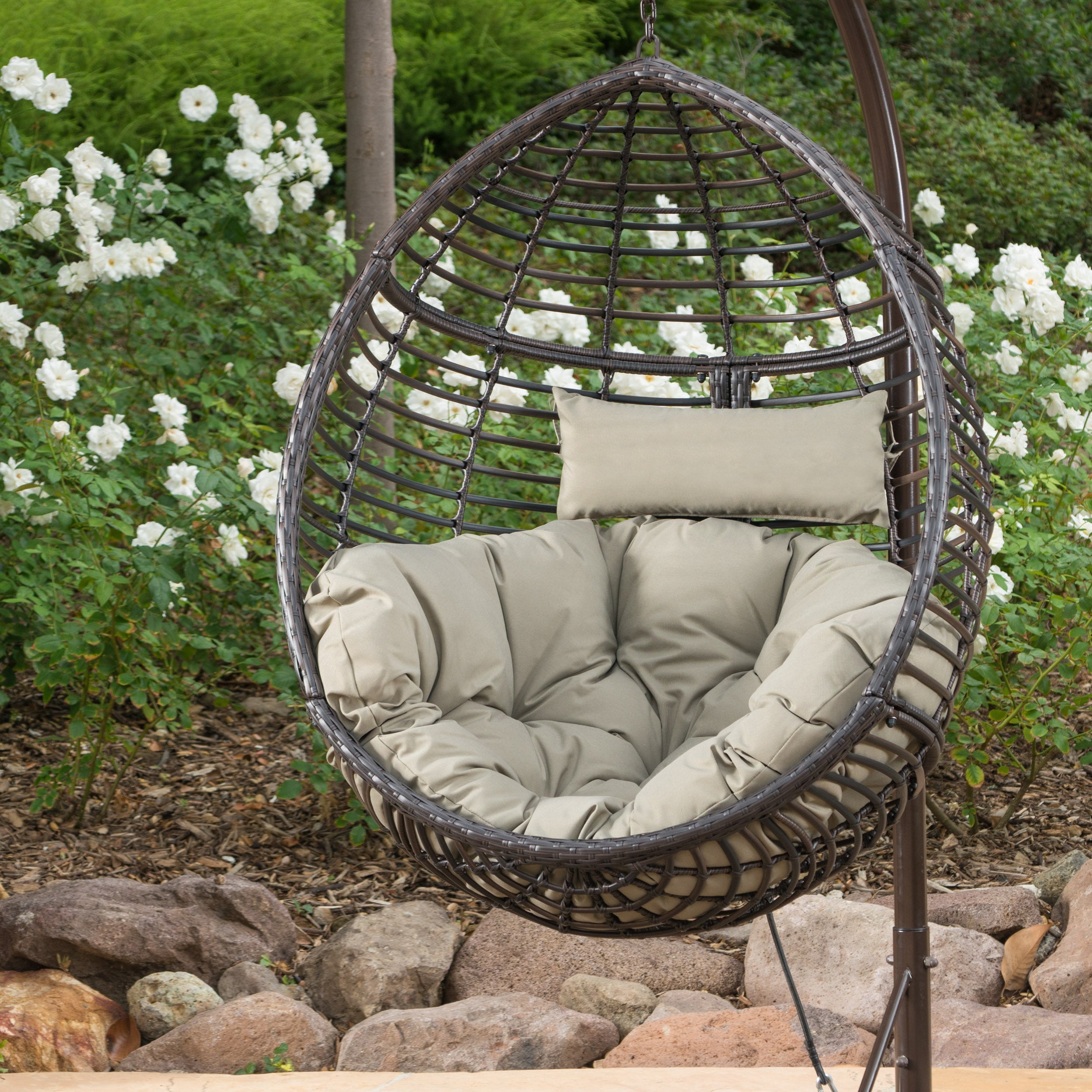 Liberation Outdoor Hanging Basket Chair with Metal Frame and Seat Cushion