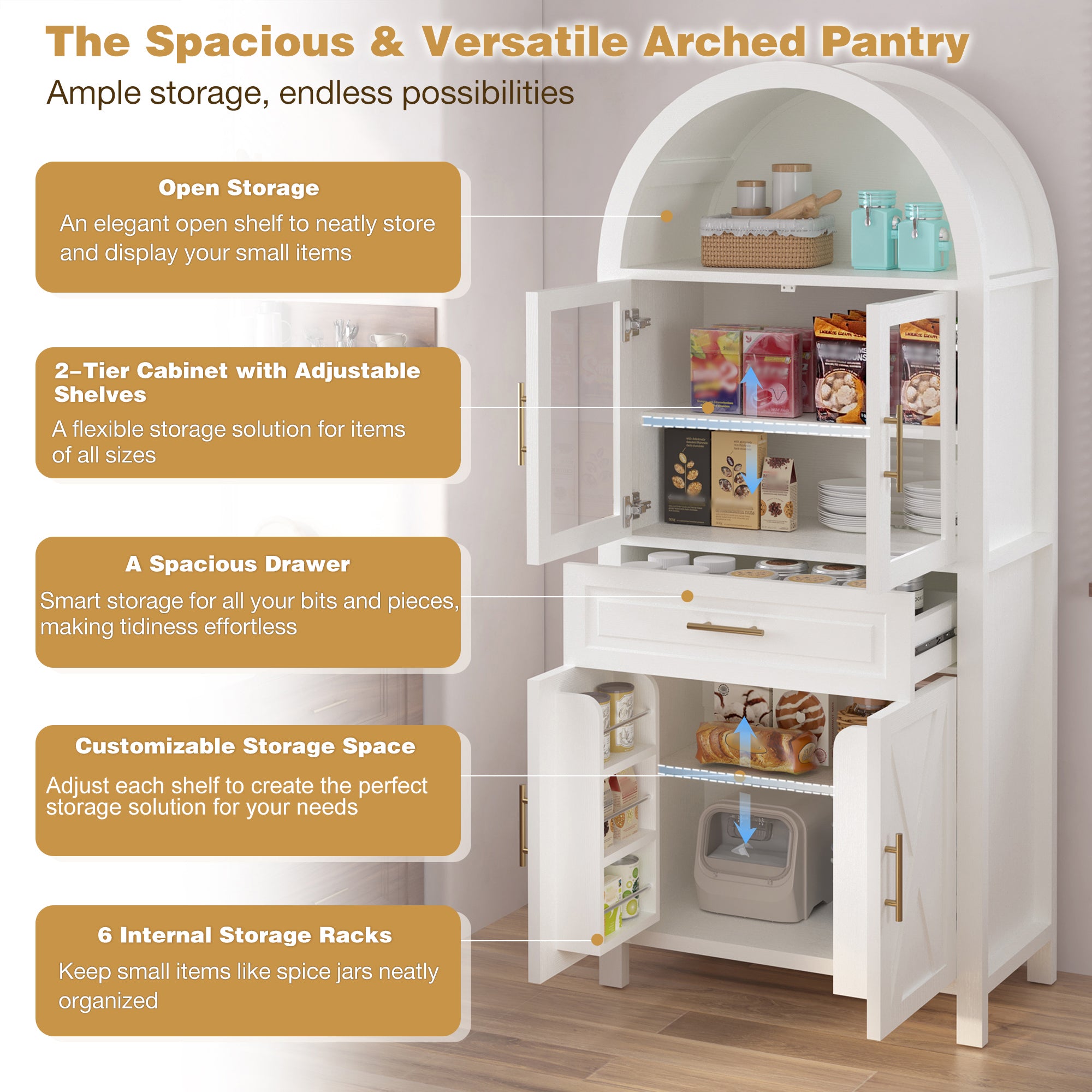 Farmhouse Arched Strage Cabinet with Glass Doors