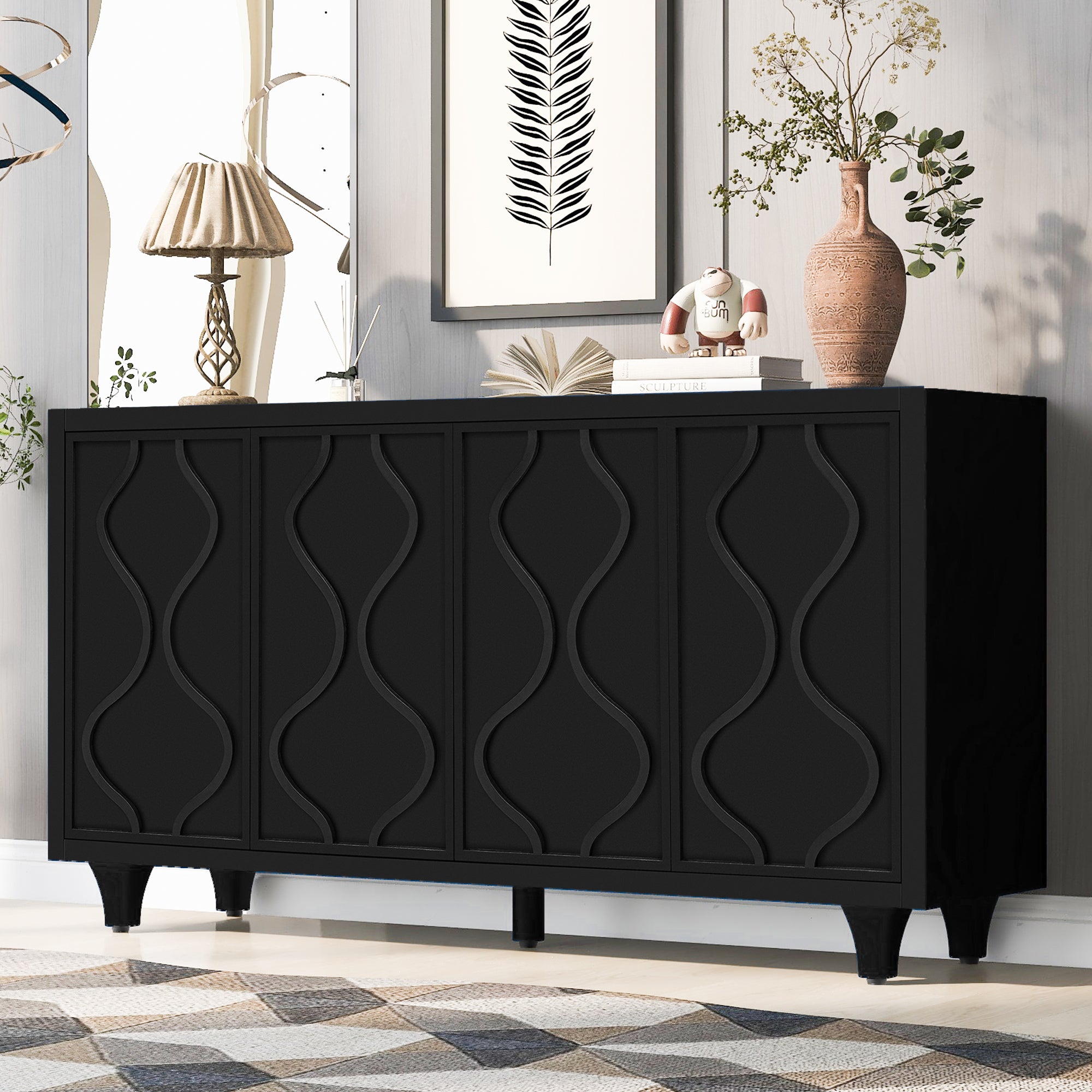Storage Cabinet Sideboard Wooden Cabinet with Embossed Curved Doors