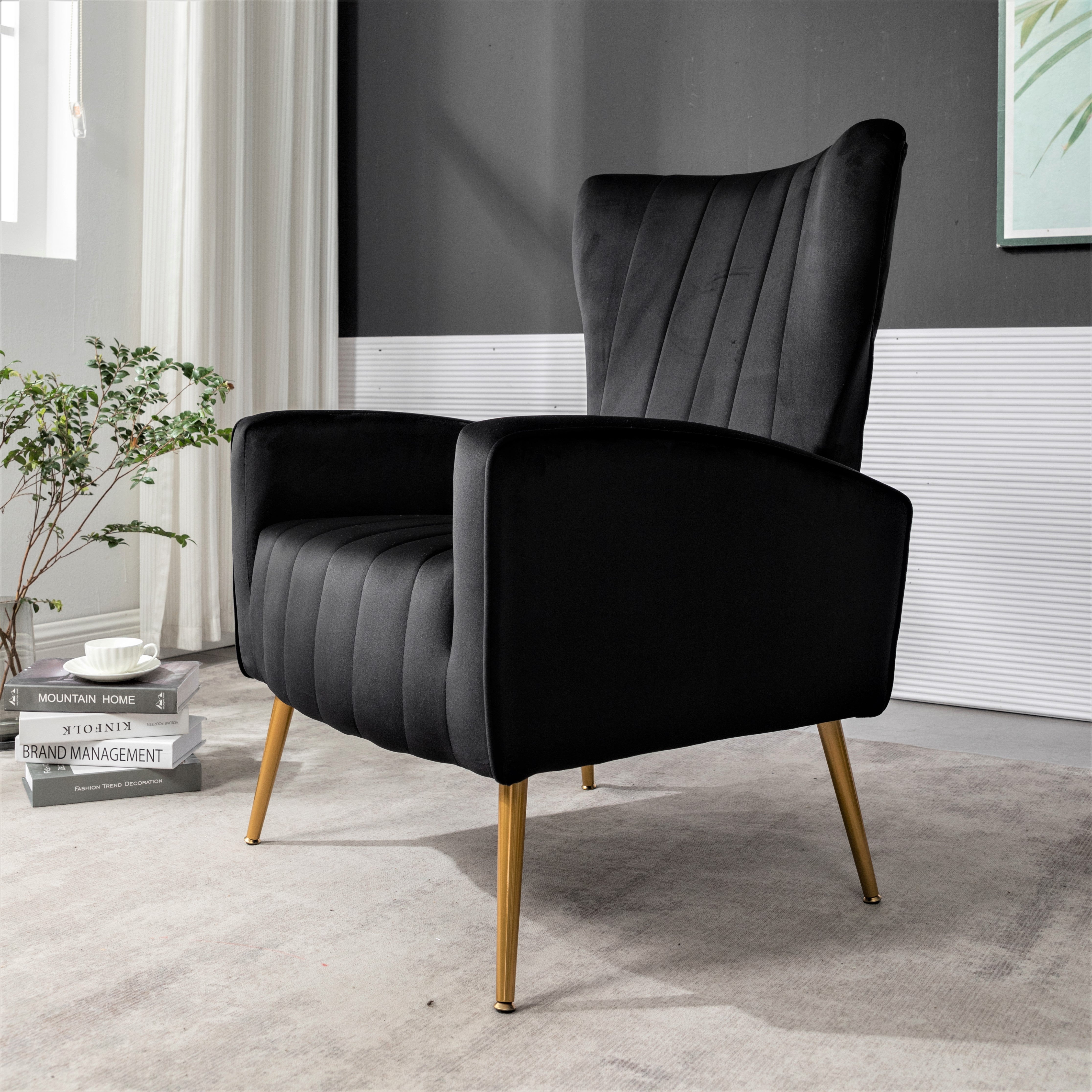 Velvet Accent Chair with Metal Legs, Modern Upholstered Armchair, Wingback Side Chair for Living Room Bedroom Small Spaces