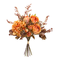 Coral Rose and Hydrangea Floral Bouquet with Fall Foliage (Set of 6)