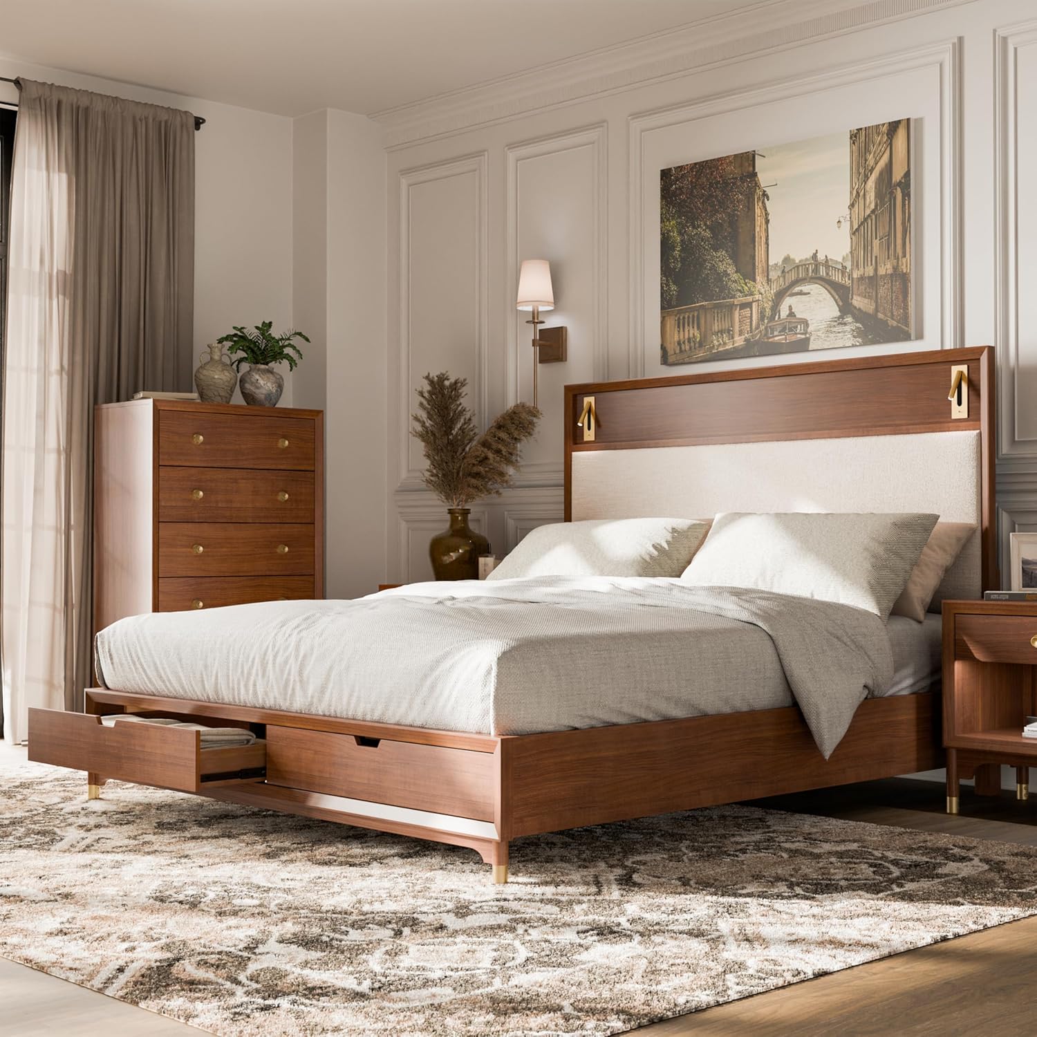 Edison Mid-Century Modern Upholstered Bed with Reading Light