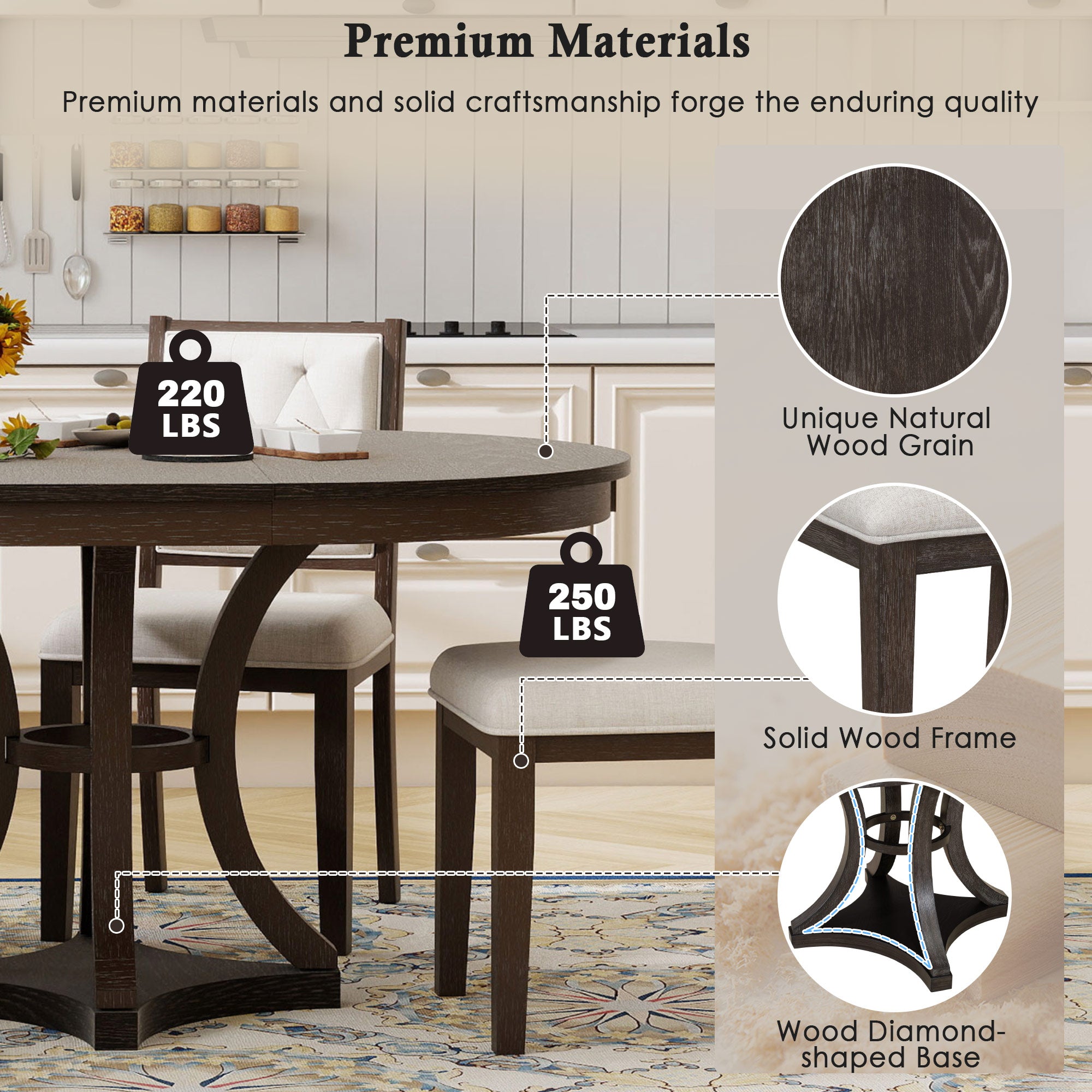 Retro Round Dining Table Set with Extendable Round Table and 4 Upholstered Chairs
