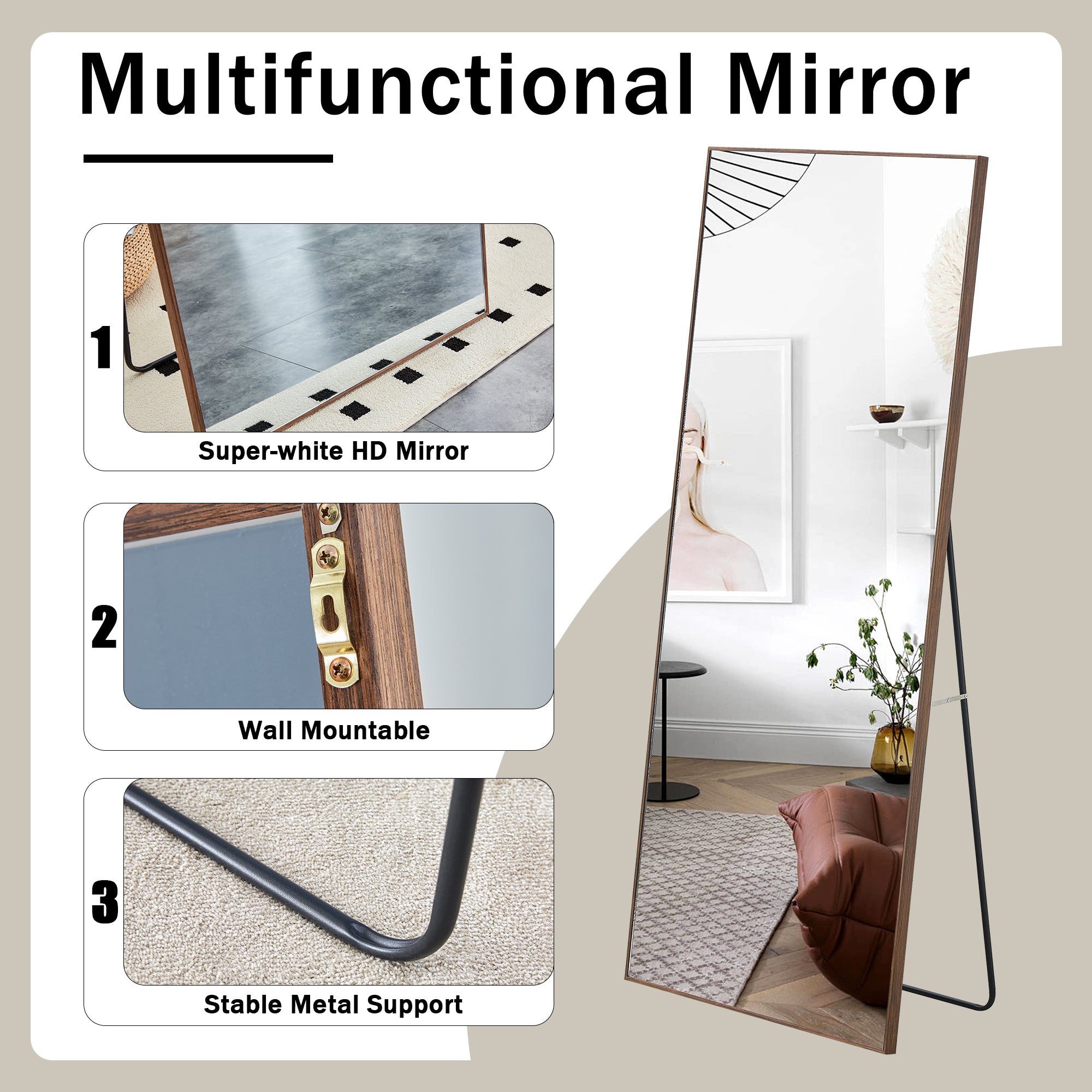 71" Mirror with Metal Stand and Solid Wood Frame
