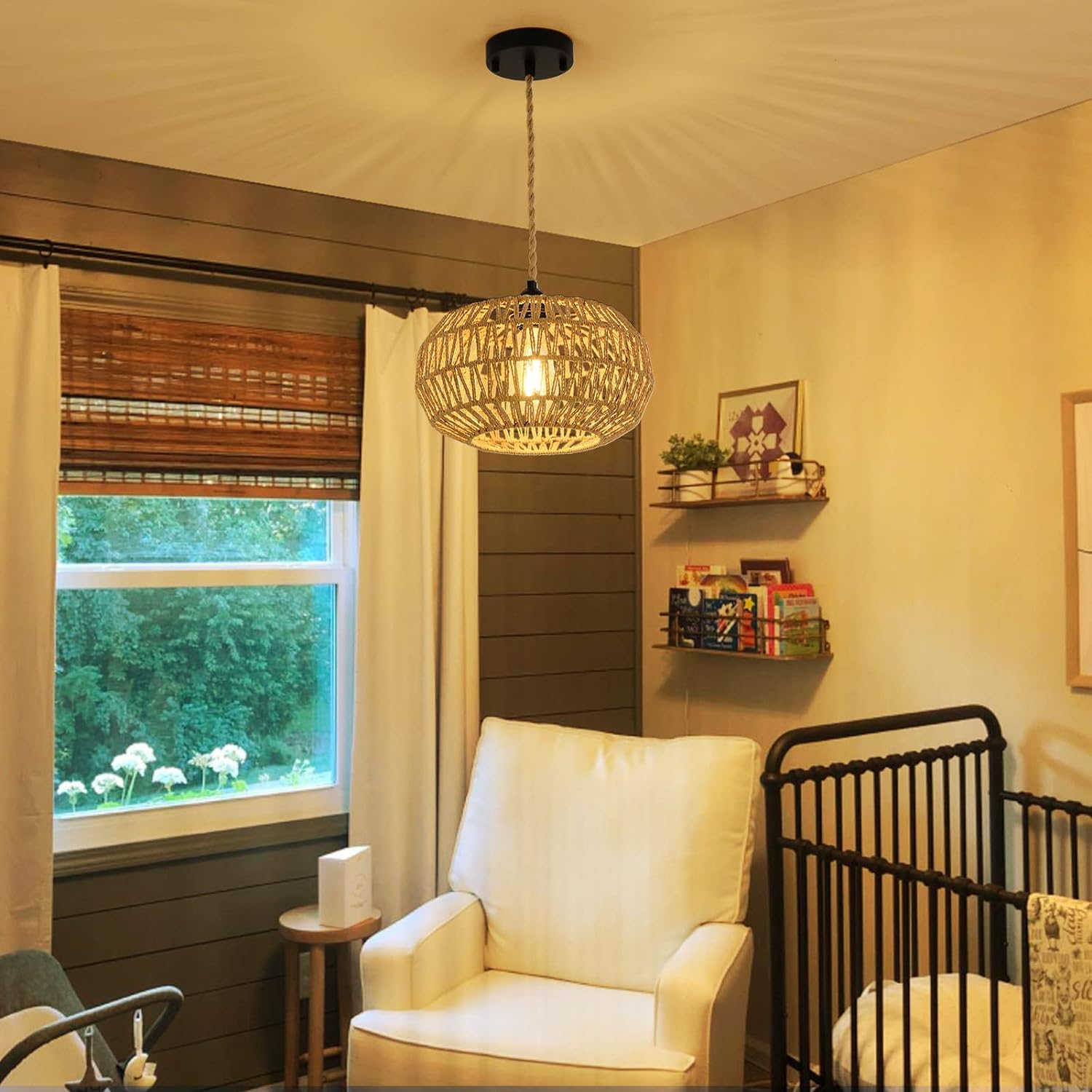 Pendant Light with Rope Cage Basket and Adjustable Height
