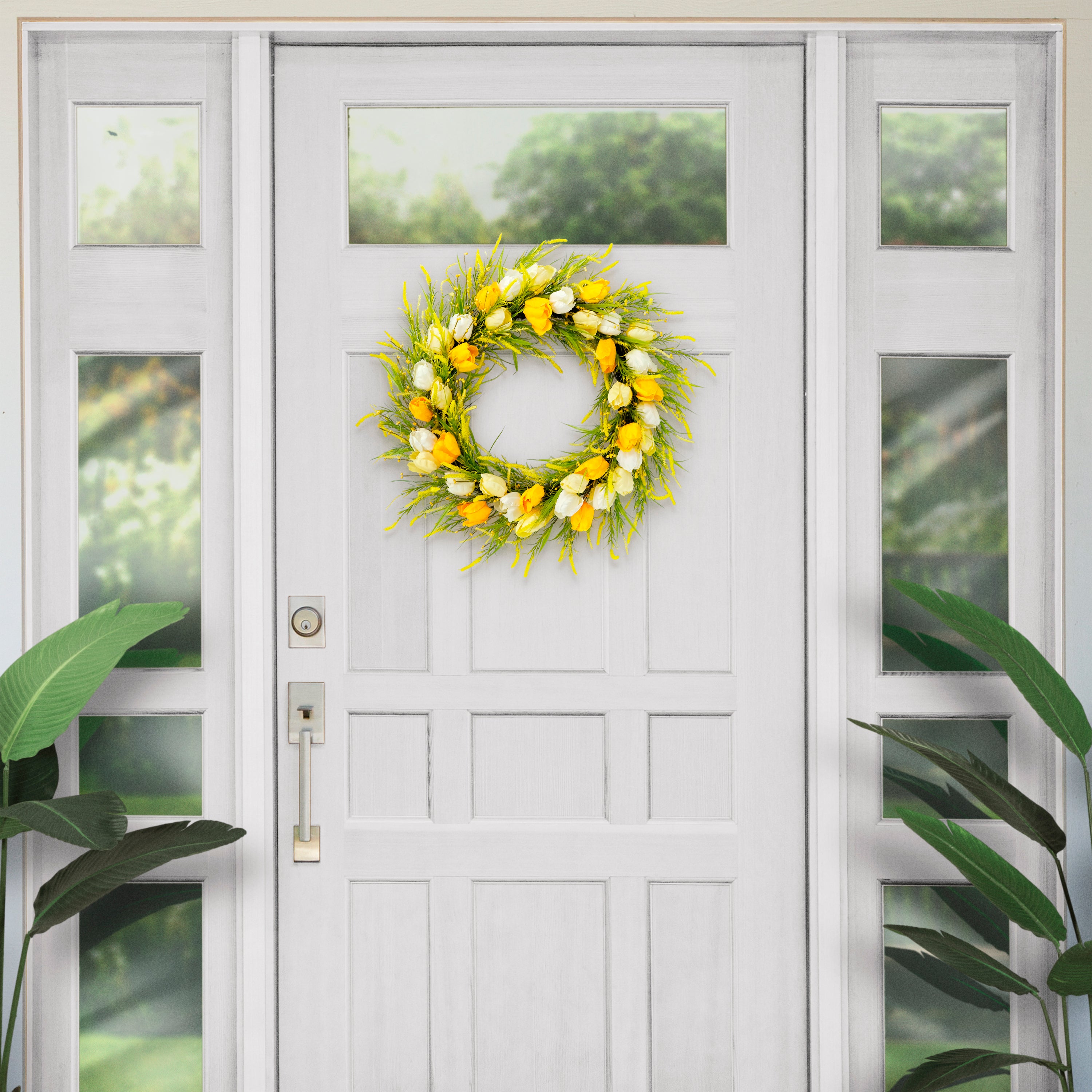 30" Artificial Green and Yellow Tulip Floral Spring Door Wreath