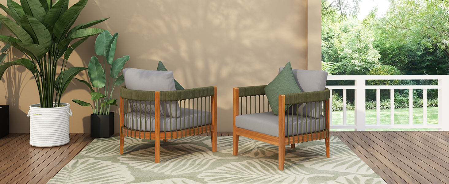 Azari Outdoor Acacia Wood Club Chair with Handwoven Rope Accents & Curved Backrest