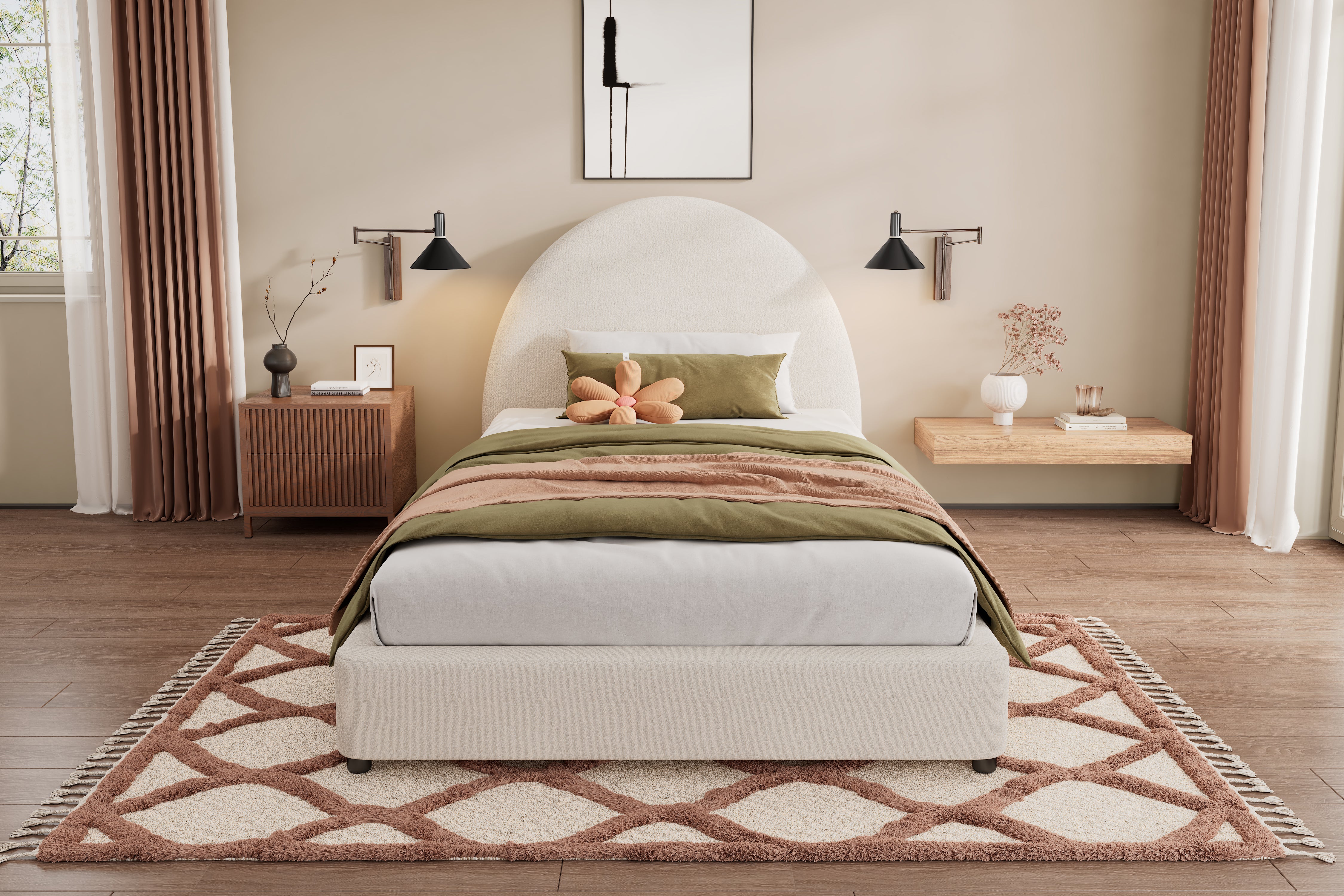 Bed Frame With Boucle Upholstered Round Curved Headboard