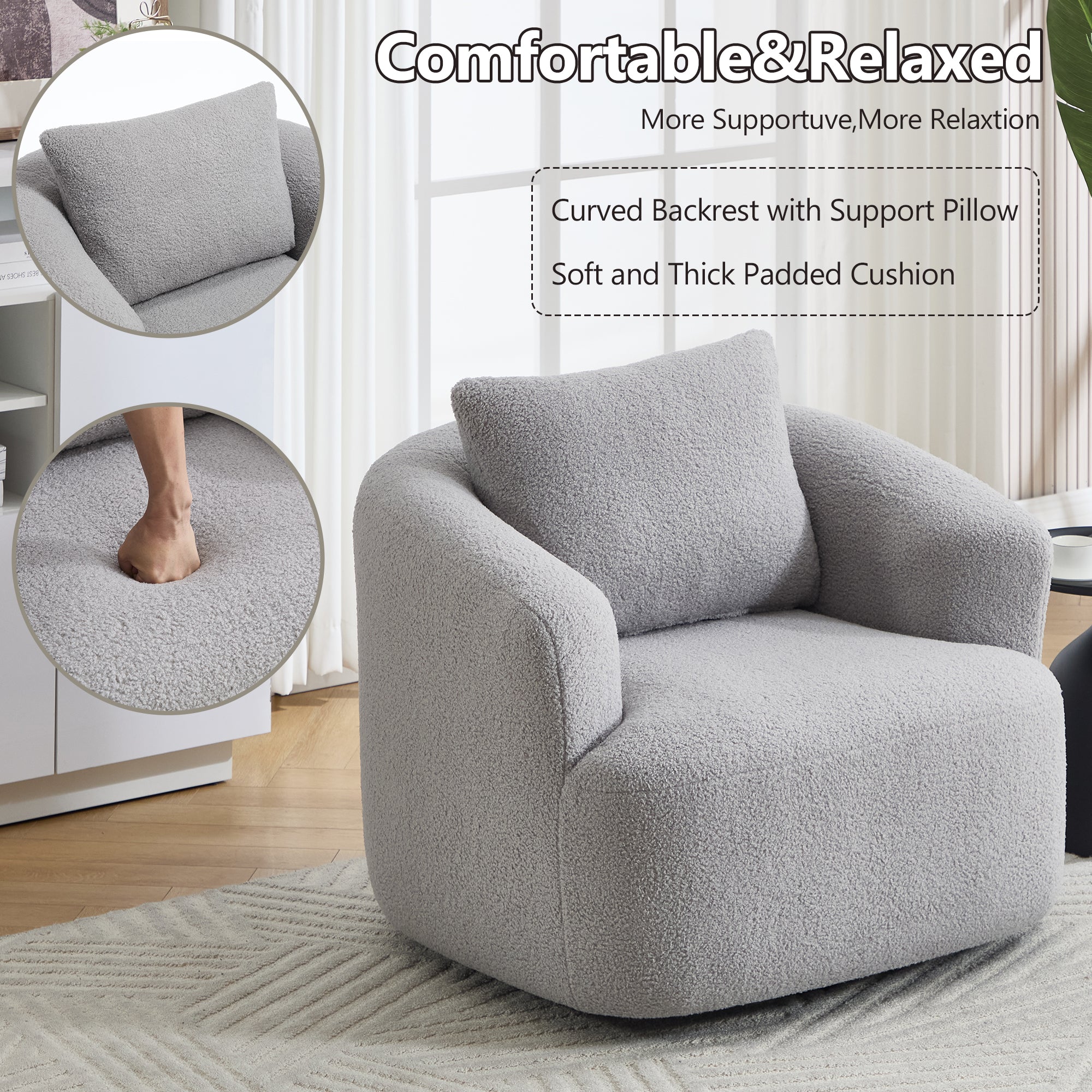 Teddy Fleece 360° Swivel Round Upholstered Comfy Accent Chair With Pillow