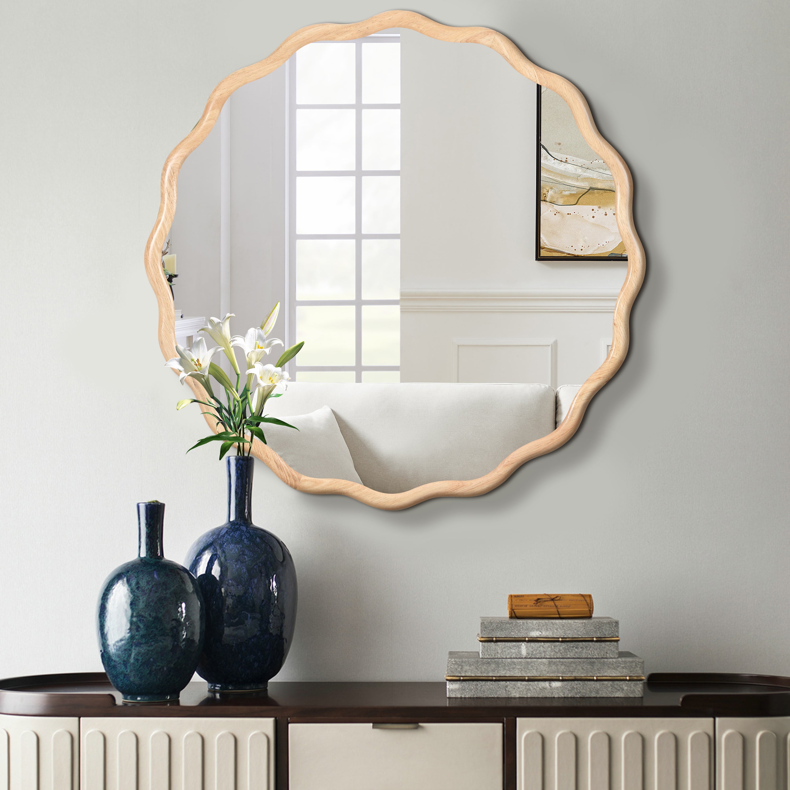 Honoredd 36" x 36" Round Wall Mirror with Exquisite Wave Wood Frame