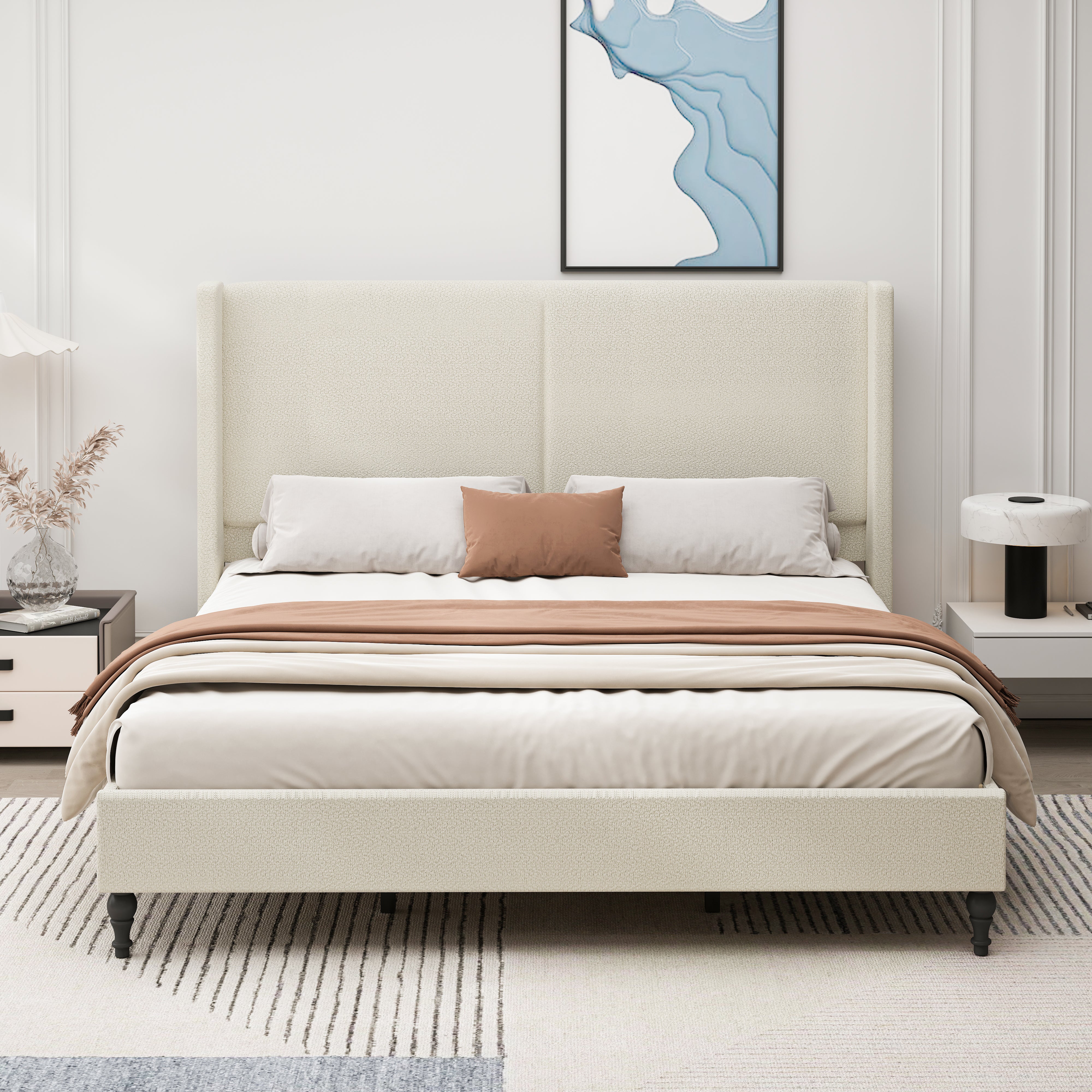 Bed Frame with 55.5"High Back Boucle Upholstered Headboard