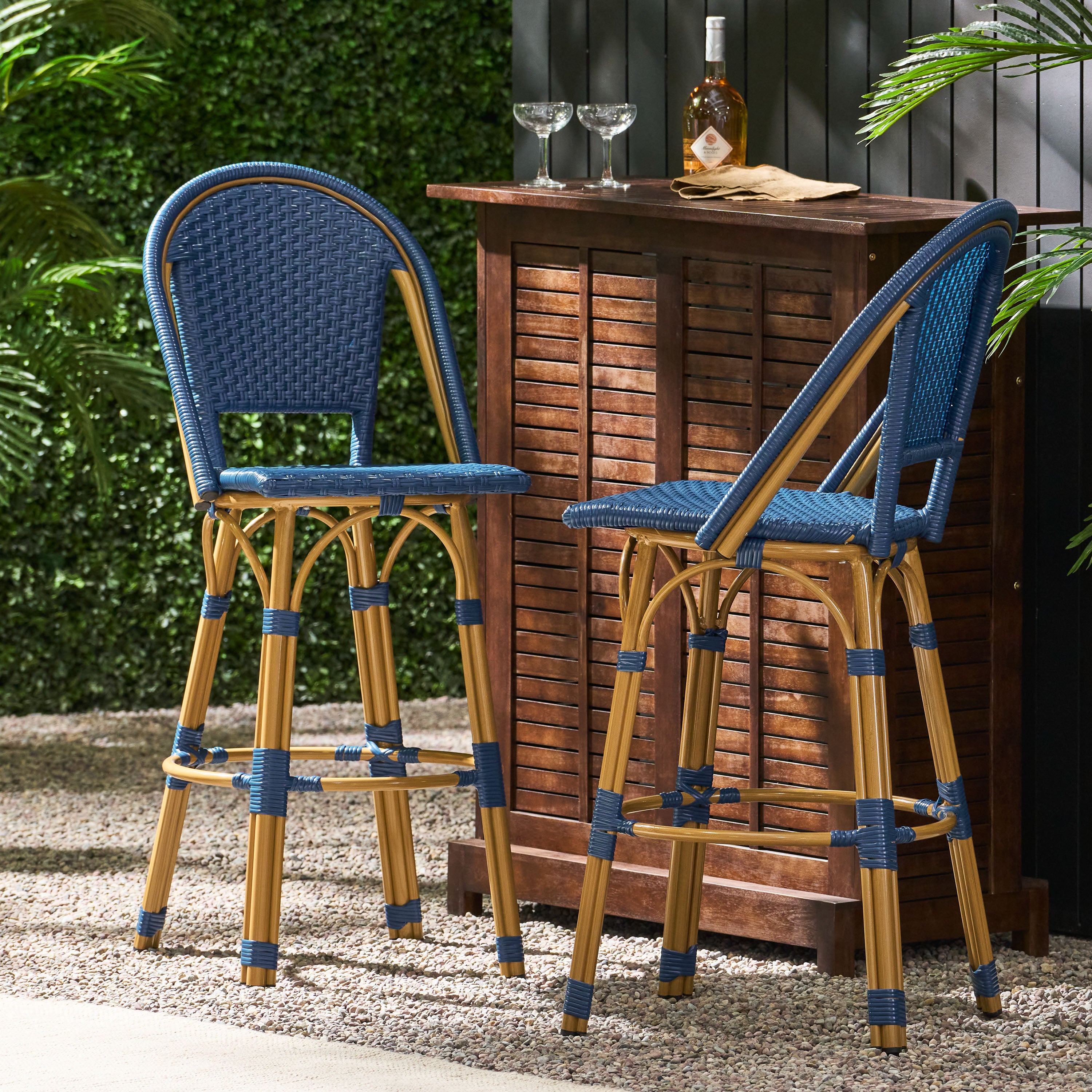 Callisto 29.5" Outdoor Rattan and Aluminum Bar Stool with Curved Back and Footrest