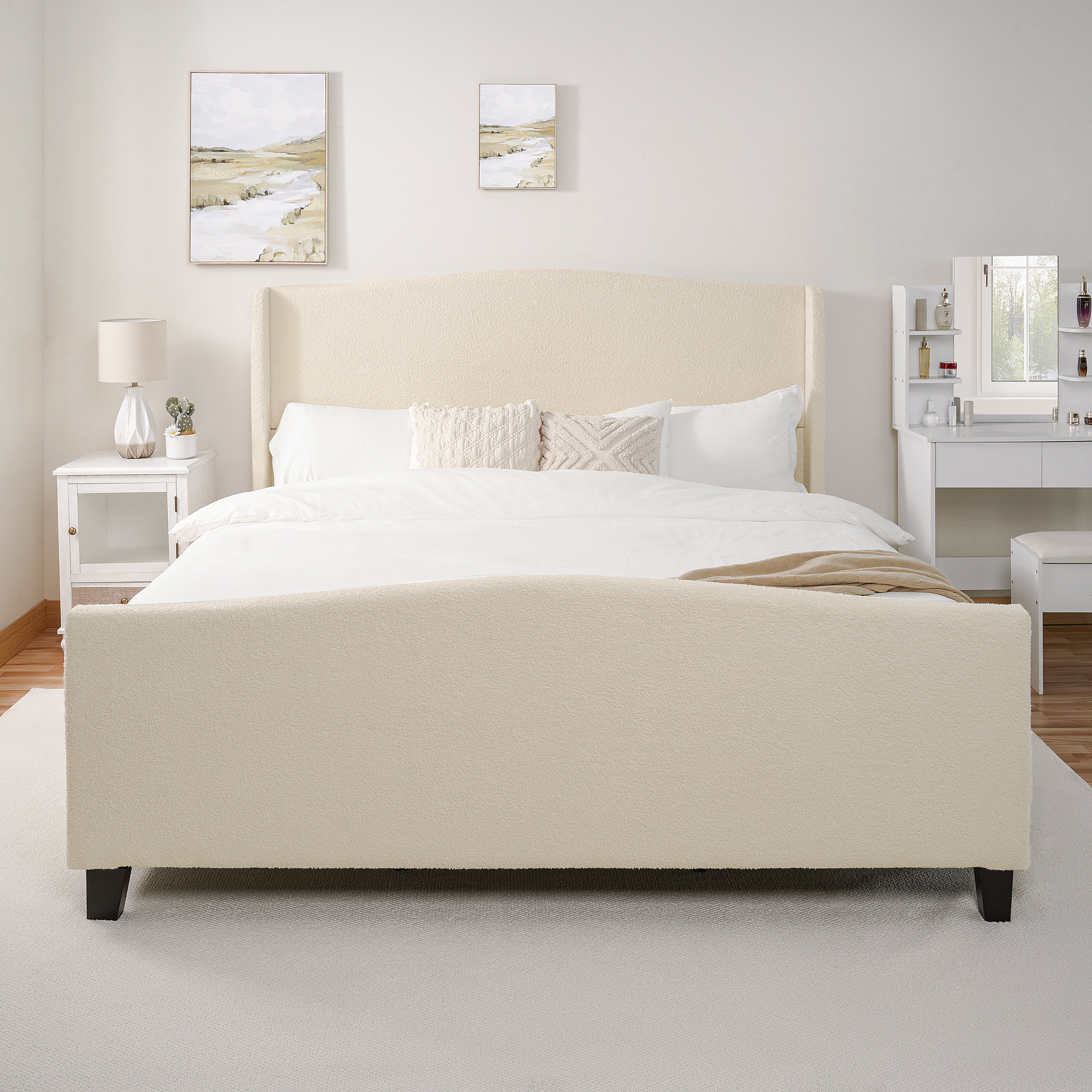 Bed Frame with 49.21" High Back Teddy Velvet Upholstered Headboard and 27.17" High Footboard