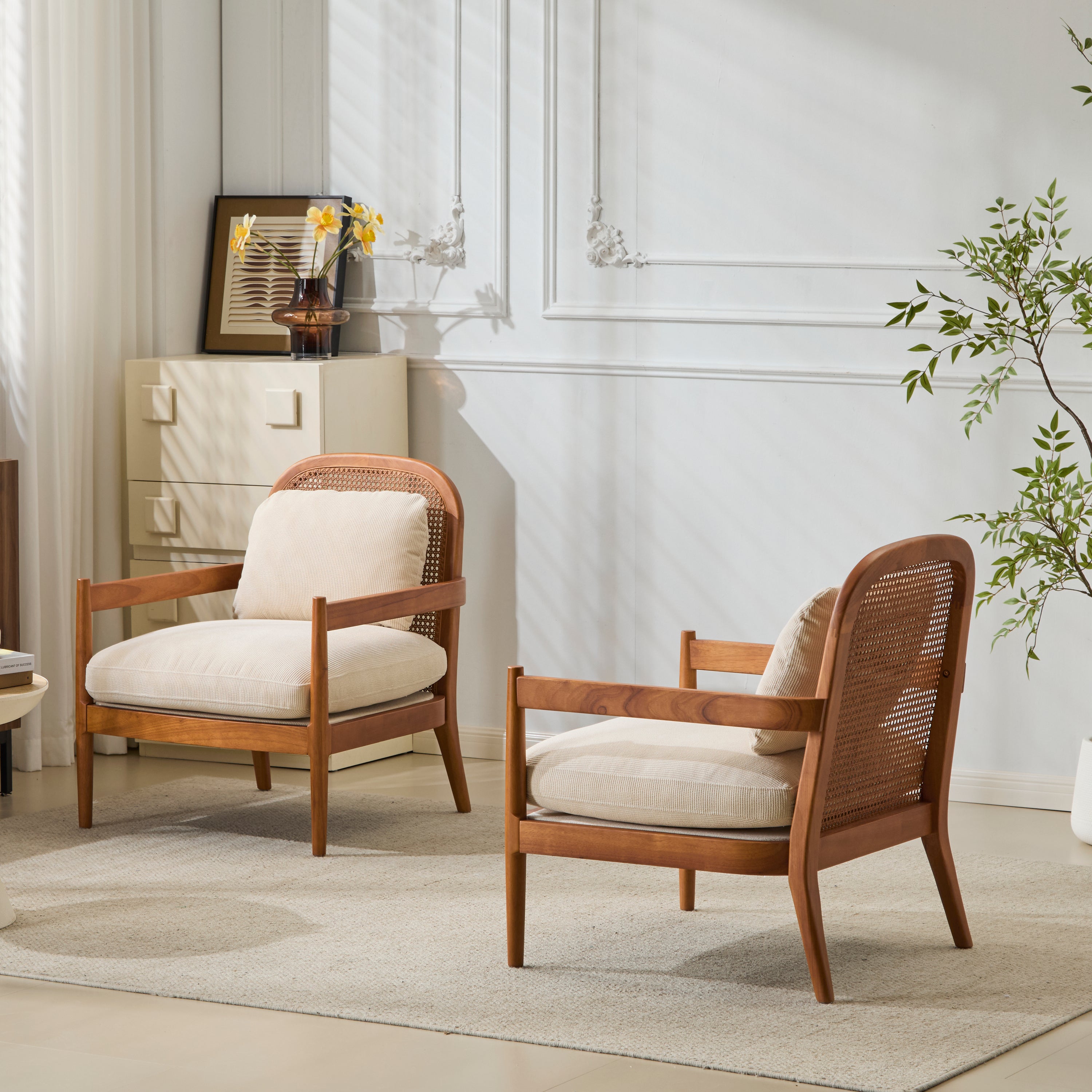 Elliston Solid Wood and Rattan Accent Chair with Cushions, Set of 2