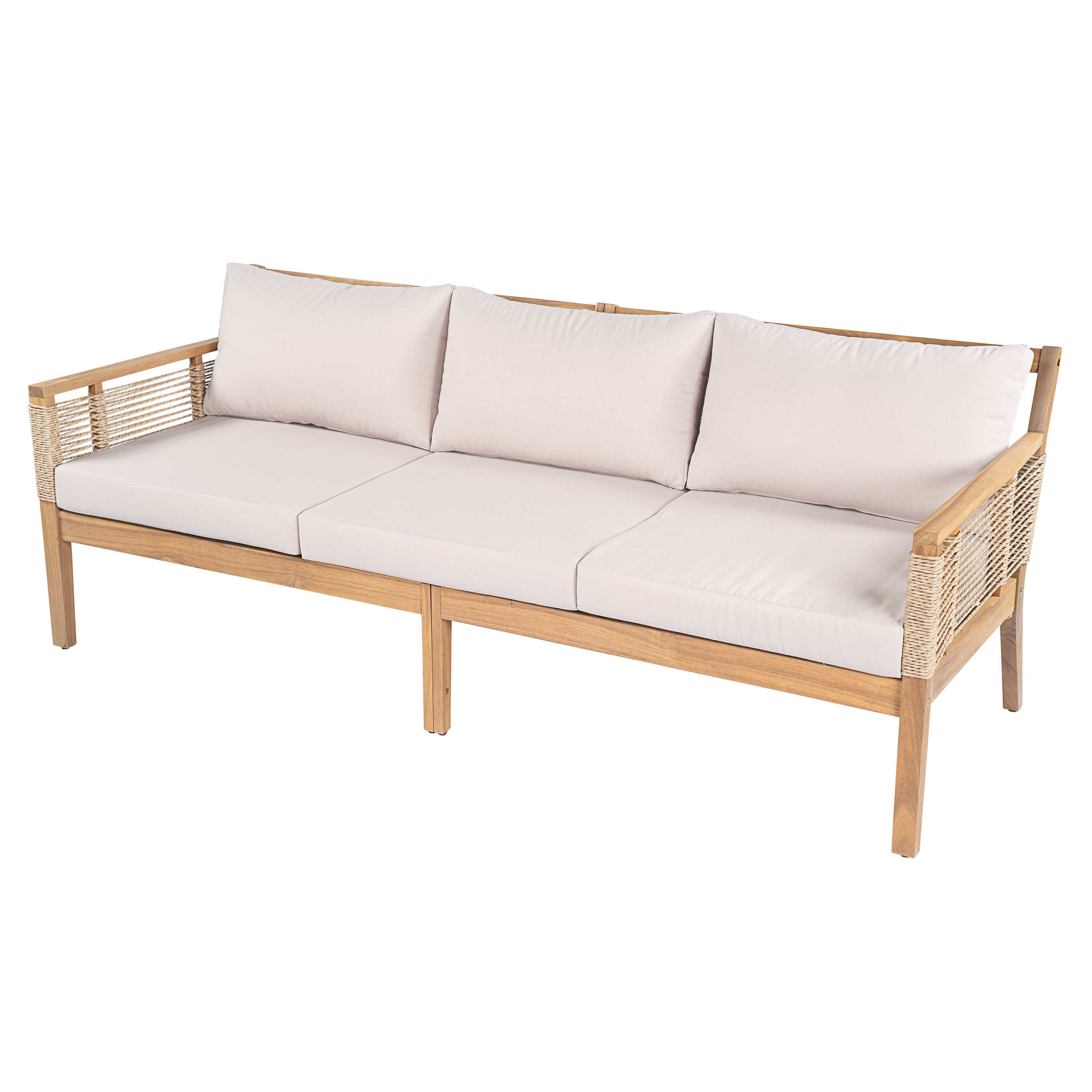 Kirana 5-Piece Outdoor Acacia Wood Hand Woven Rope Conversation Set with 3 Seater Sofa, 2 Chairs and 2 Coffee Tables