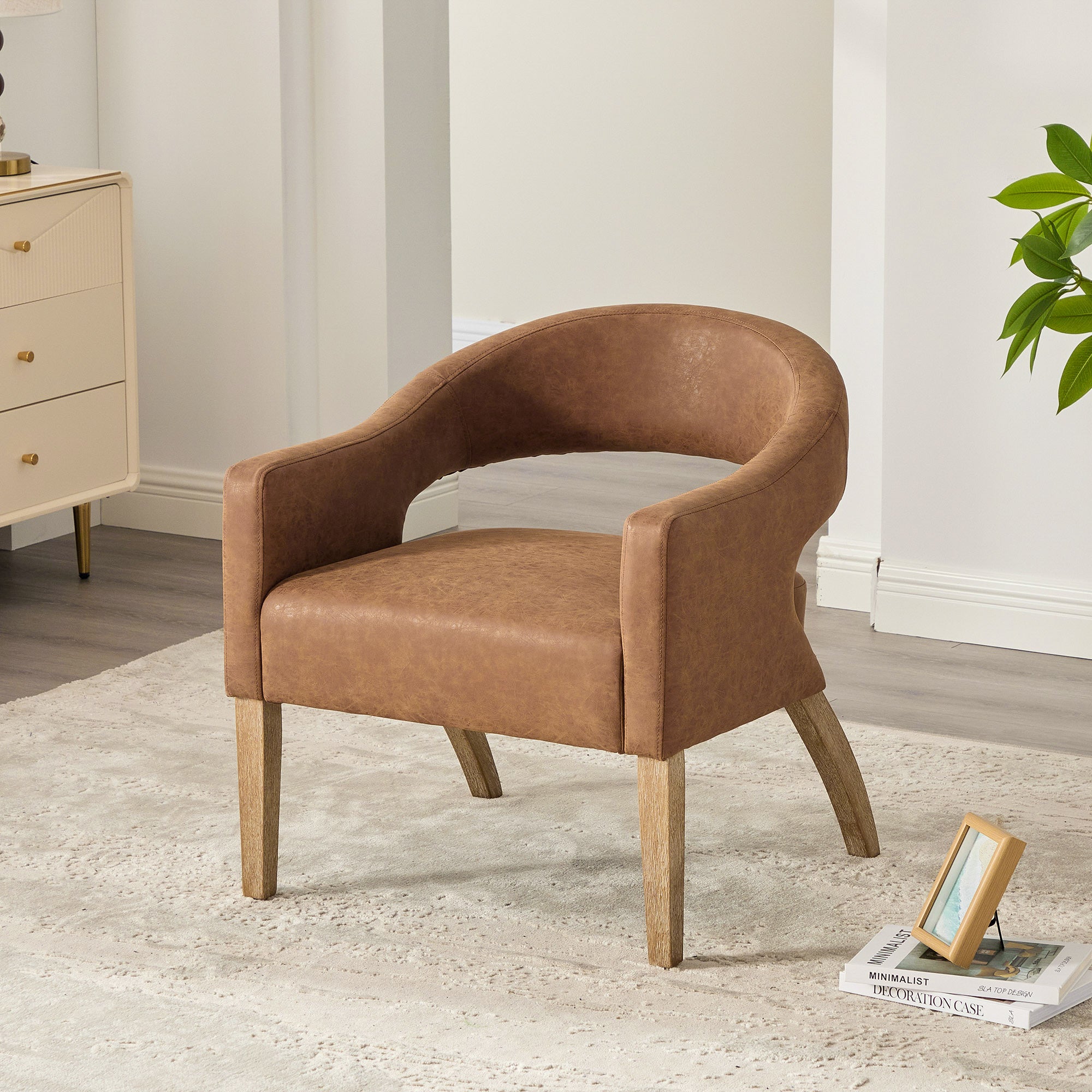 Mid-Century Modern Vegan Leather Open Back Accent Chair with Rubberwood Legs