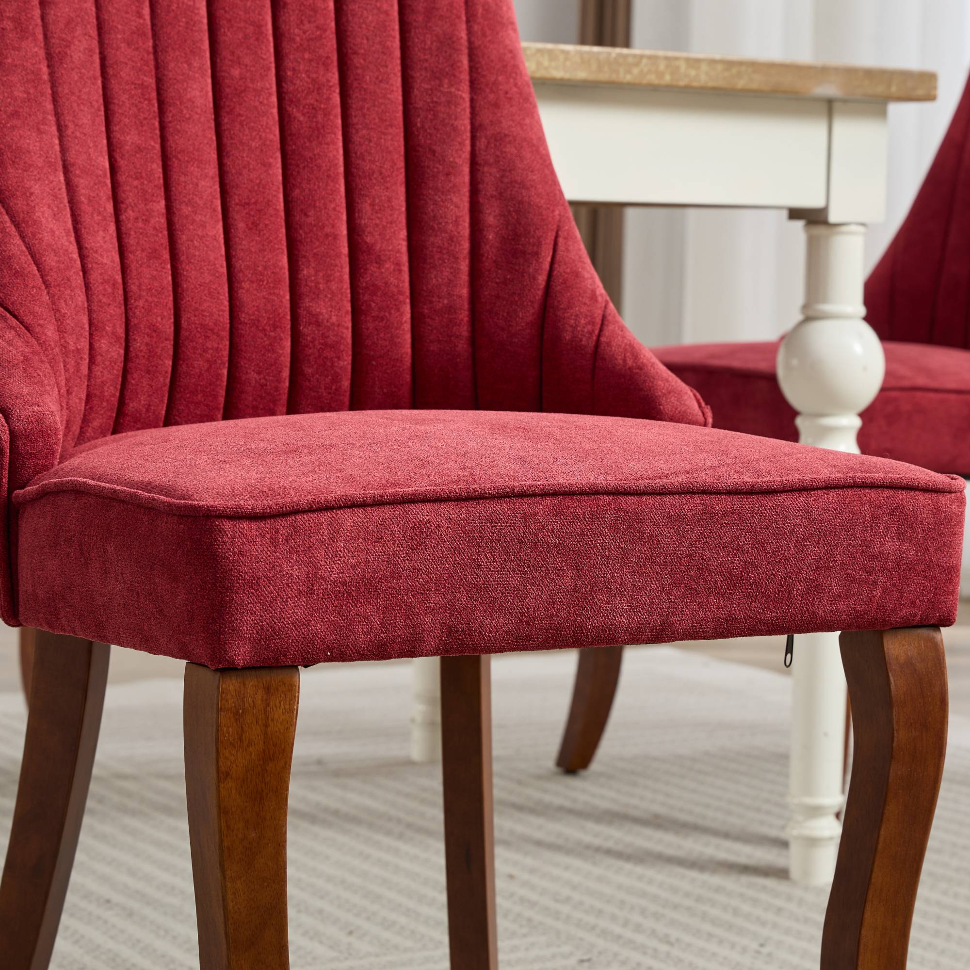 Rayon Cloth Flocking Linen Dining Chairs Channel Kitchen Dinner Chair Comfy Fabric Upholstered Accent Chair for Dining Room with Curved Solid Wood Legs,Set of 2 (Wine Red), SW1847WR
