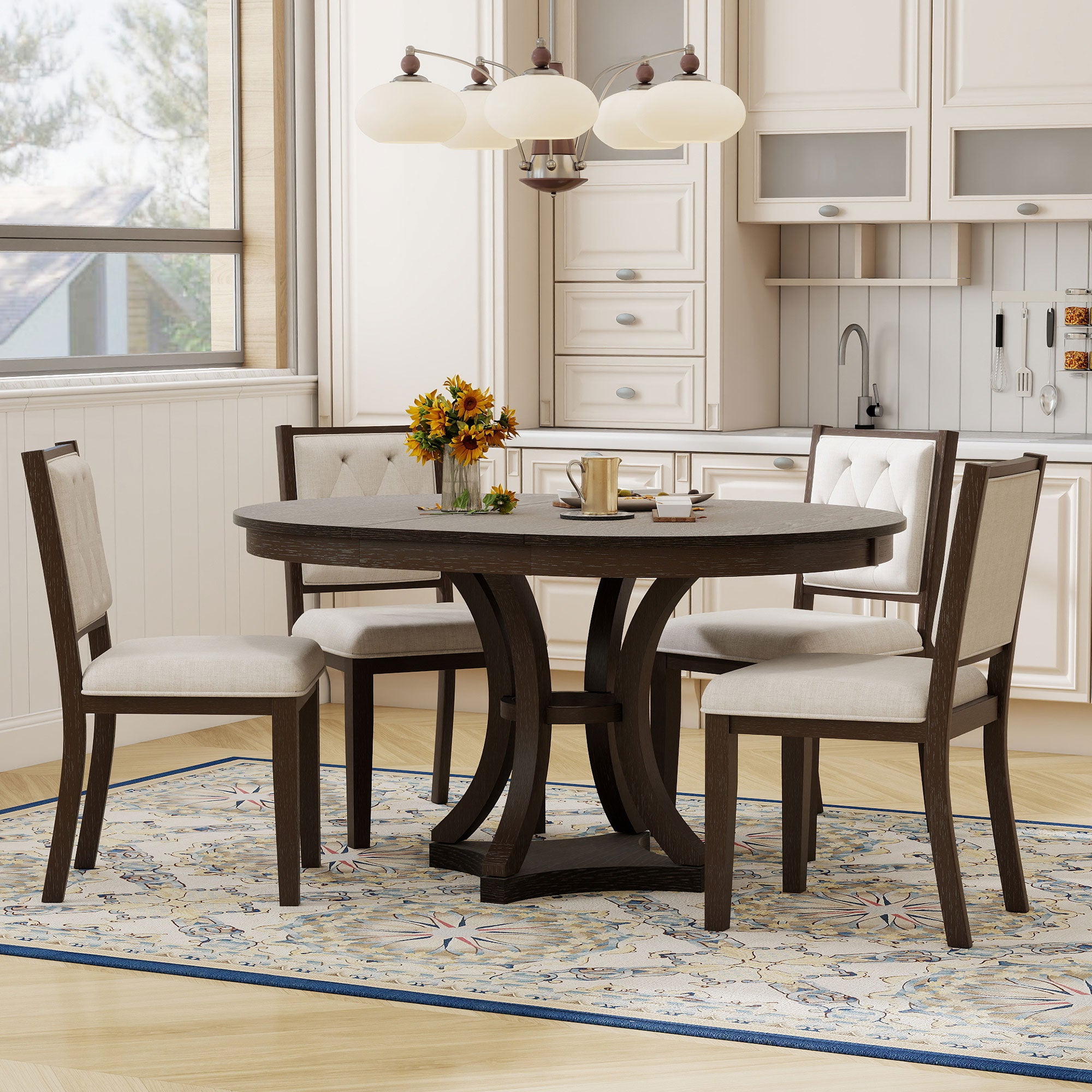 Retro Round Dining Table Set with Extendable Round Table and 4 Upholstered Chairs