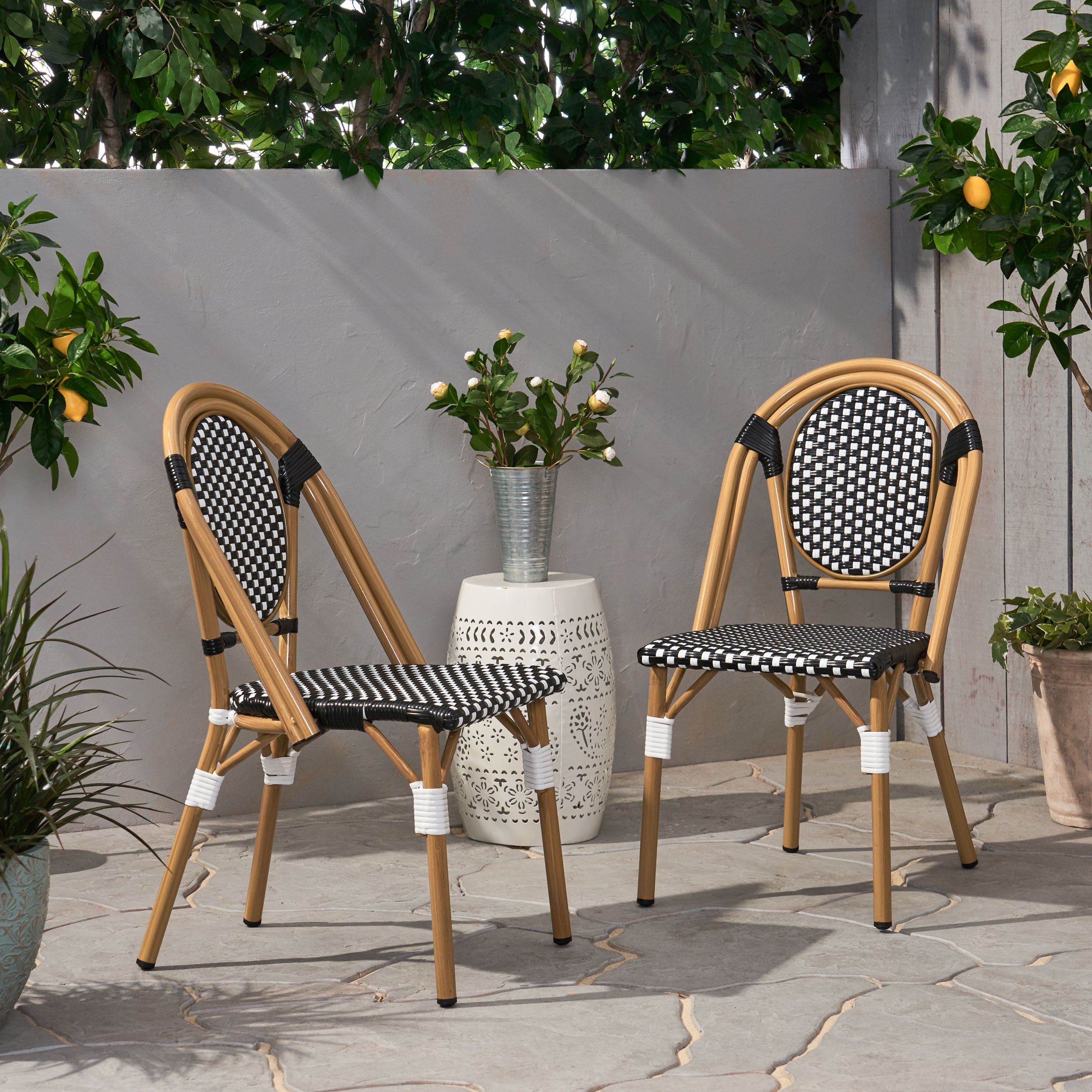 PE Rattan and Aluminum Bistro Chair with Sloped Arms, Set of 2