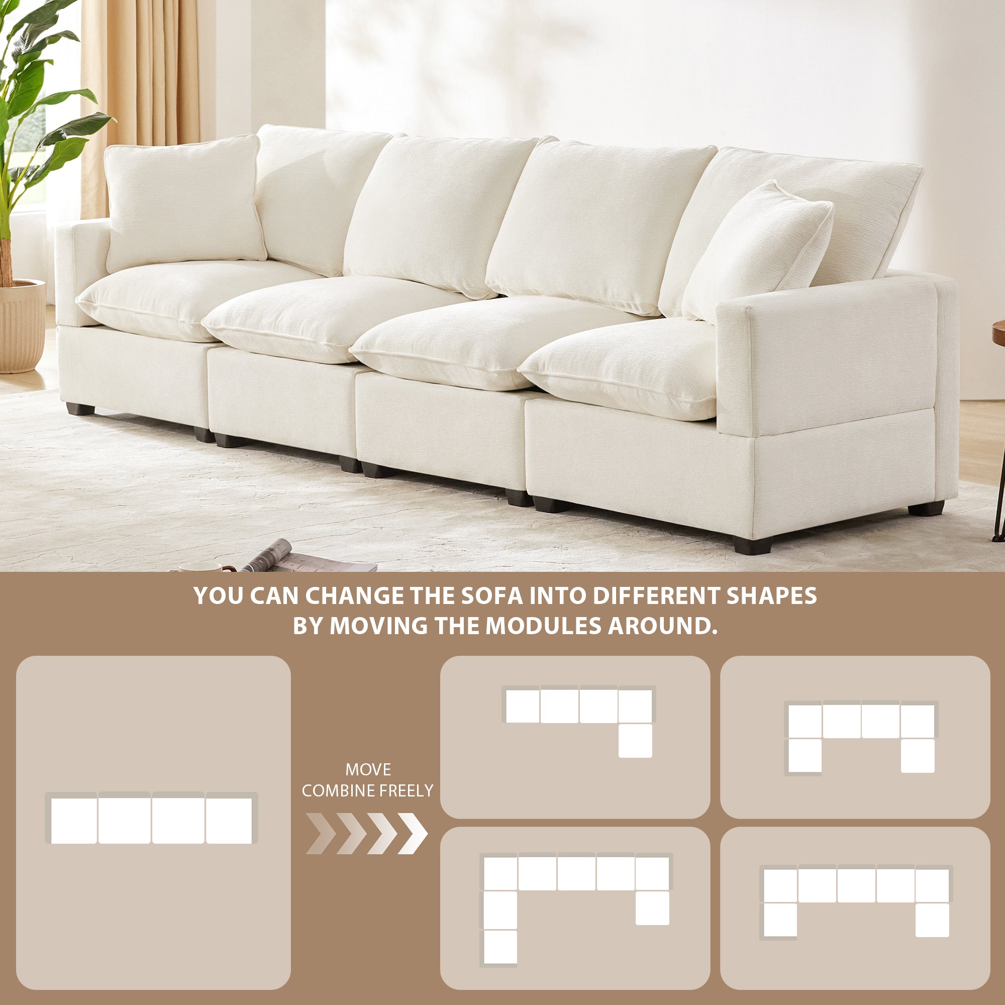 Chenille Modular Sofa with 2 Pillows, Seats 4